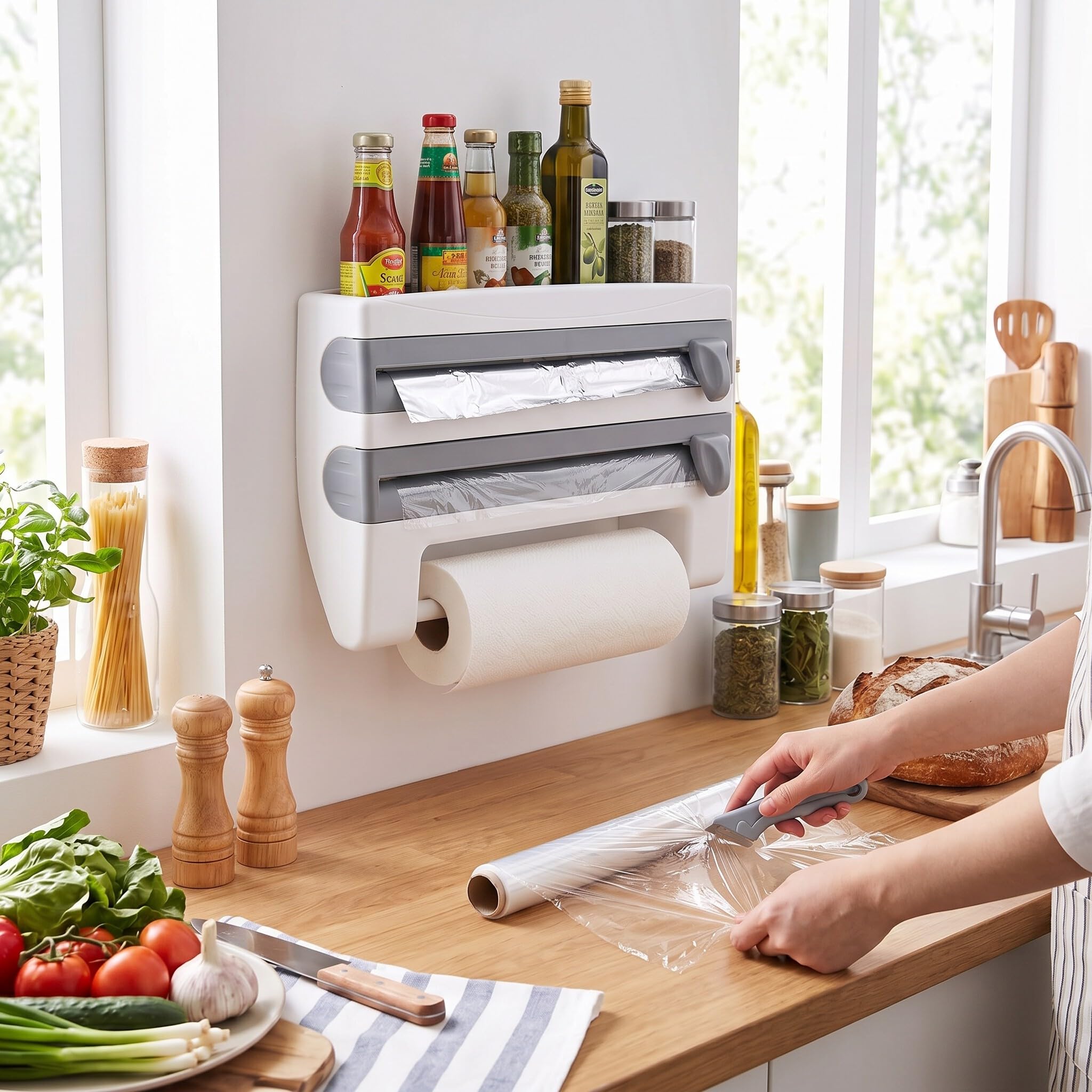 Desbobinador de Film Transparente para Alimentos, Soporte de Pared para Toallas de Papel y Film, Estante de Cocina Multifuncional para Almacenamiento, Diseño Moderno en Gris y Blanco