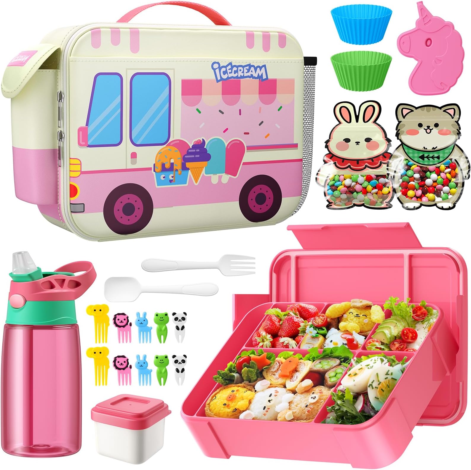 Bento Lunch Box Set with Insulated Bag, Water Bottle, Ice Pack Set for Kids, Toddlers, Girls - 6 Compartments Lunch Container for School, Microwave/Dishwasher, BPA-Free(Pink Ice Car)