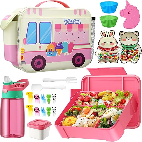 TIME4DEALS Lonchera para niños y niñas, contenedor de almuerzo de 6 compartimentos con juego de bolsas de almuerzo de 45.0 fl oz, tamaño ideal de