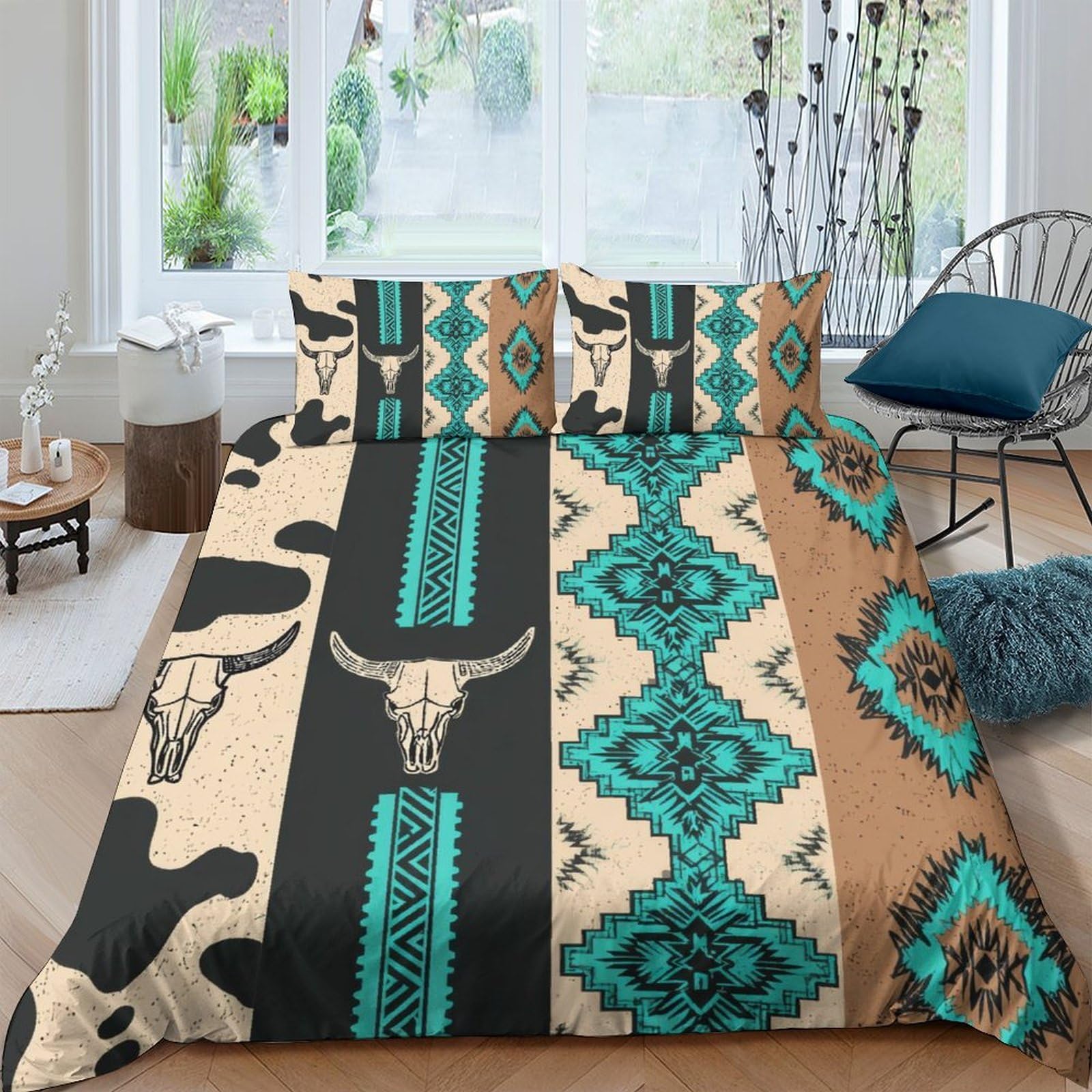 Ctjqhvkz Style-10 3D Printed Western Boho Fitted Sheet Microfiber Soft Breathable Cow Skull Aztec Mattress Cover For Bedroom Dorm Decor Single（135X200cm）