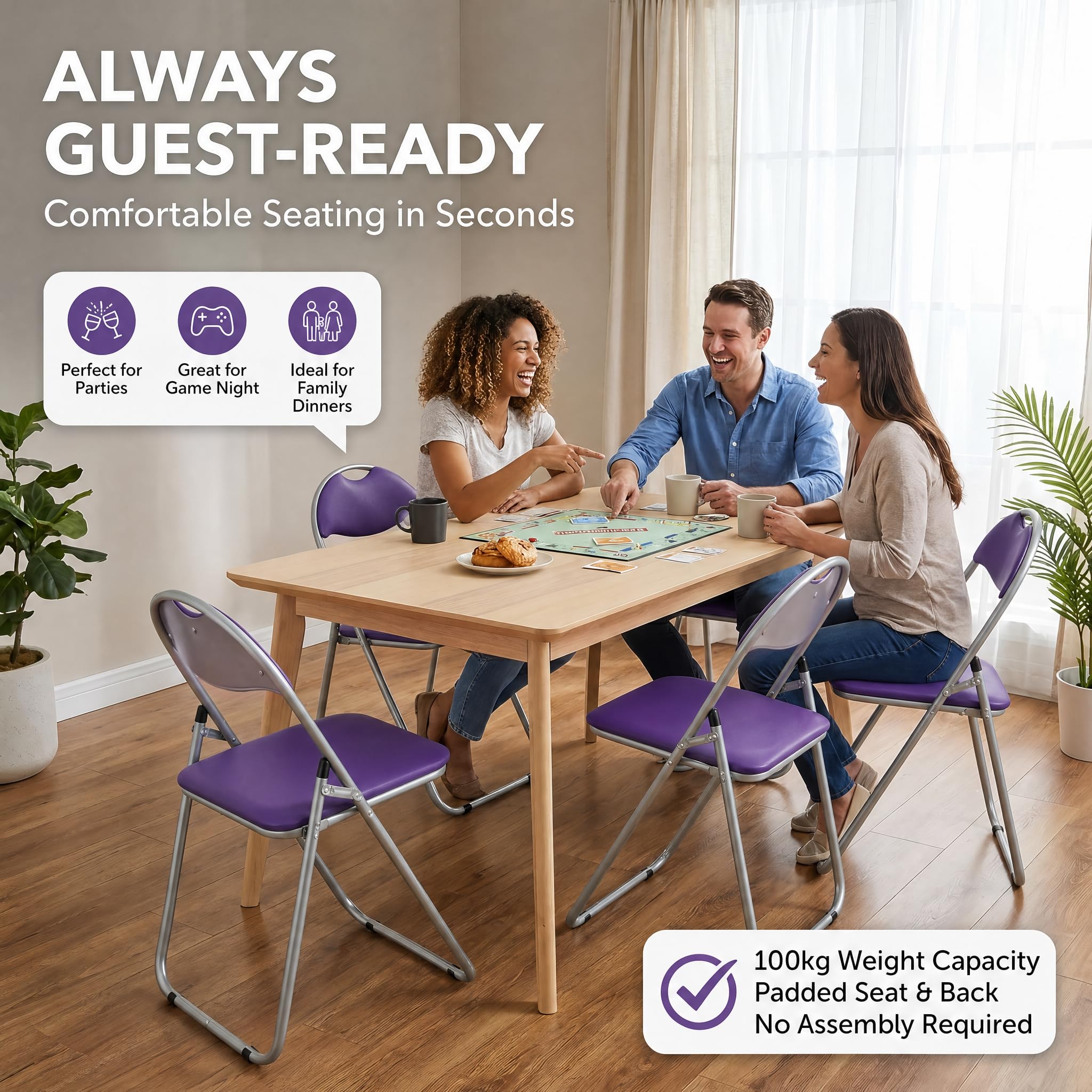 Bravich Candy Folding Chair, Padded Foldable Dining Chair with Steel Frame, Holds 100kg - Image 2