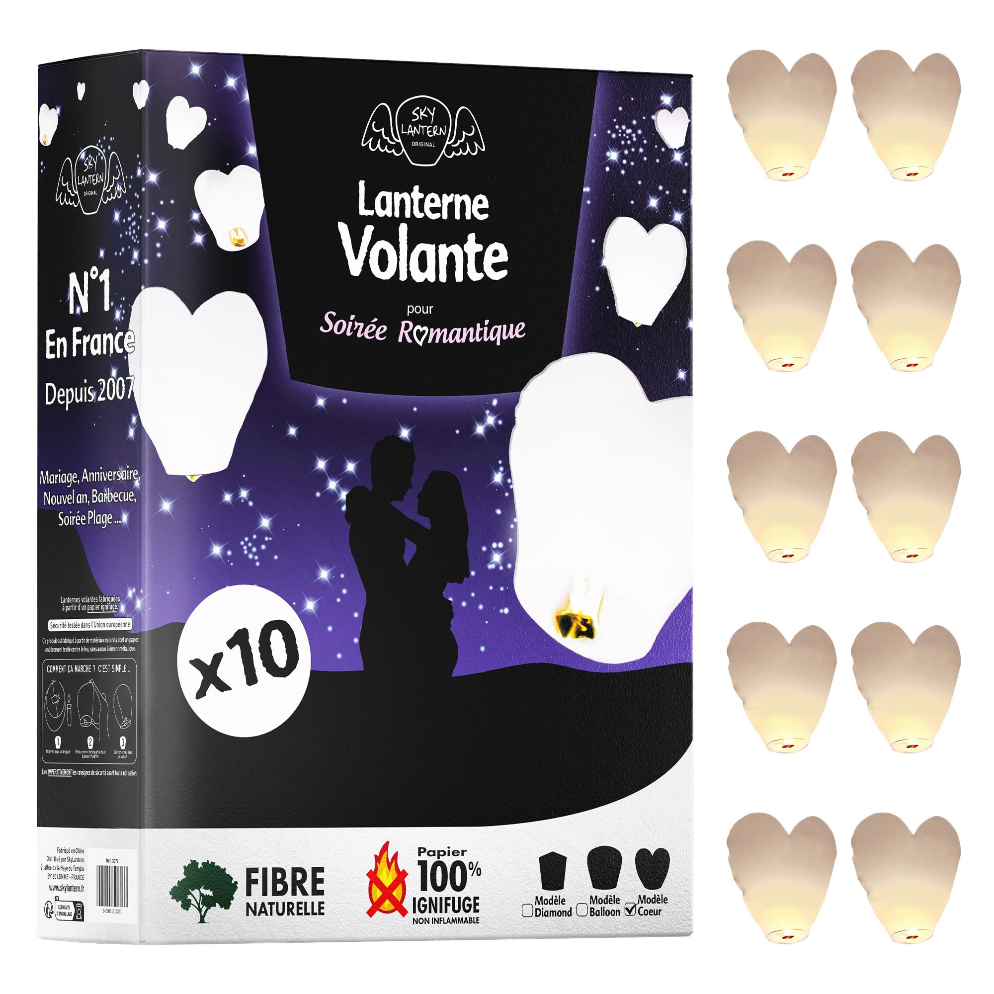 SKYLANTERN Lot de 10 Lanternes Volantes en Forme de Coeur 60 x 120 cm - Chinoise Blanche - Papier Idéal pour Soirée Romantique, St Valentin et Mariage en Extérieur