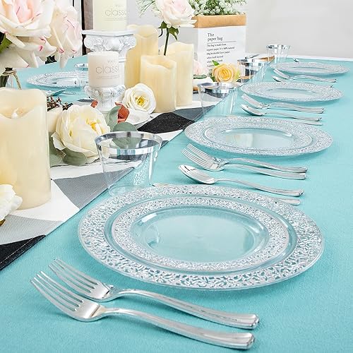 Miniatura 5 de I00000 96 platos de plástico plateado, transparentes con borde plateado, 48 platos llanos resistentes (10.25 pulgadas) y 48 platos de postre (7.5