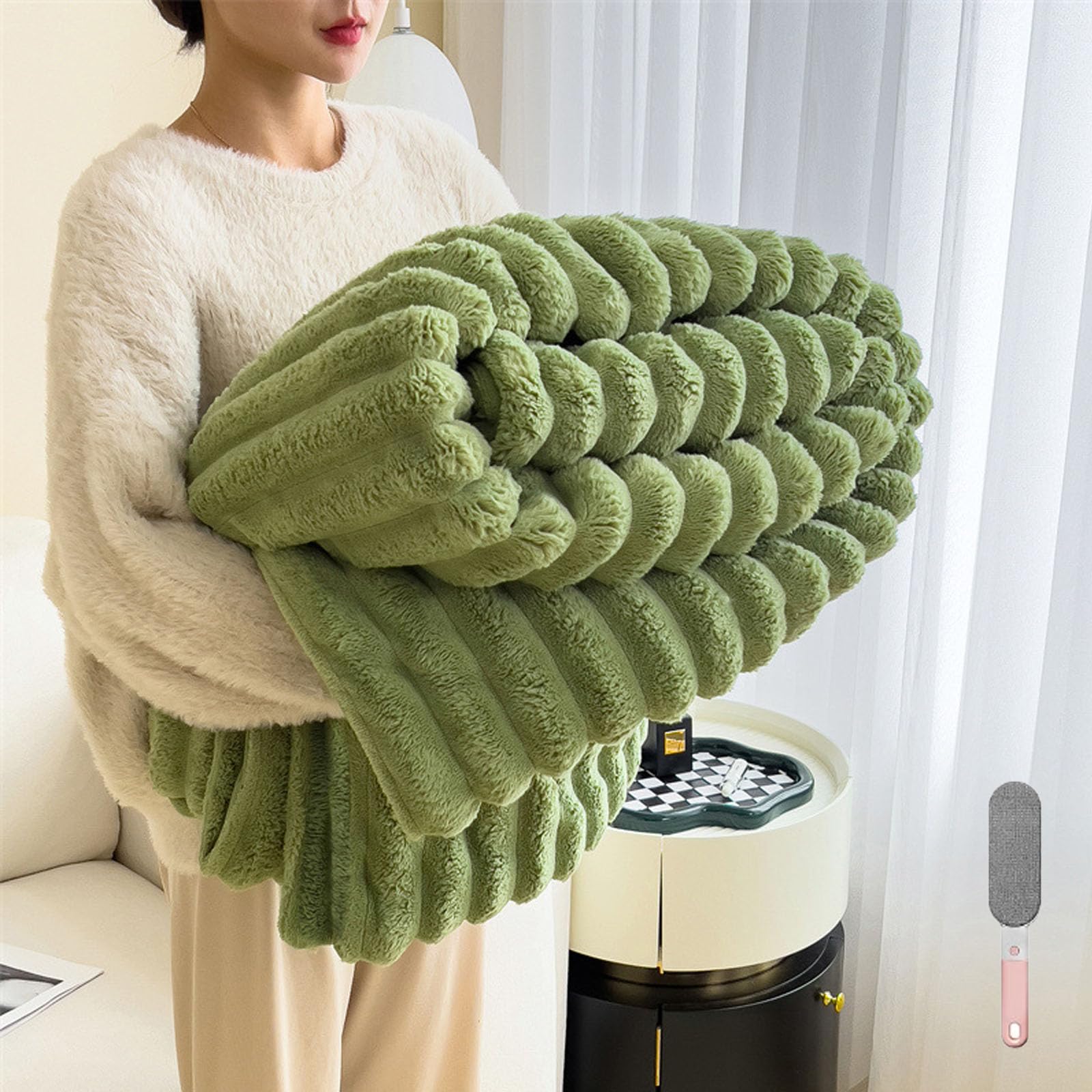 Popular Thickened Rabbit Plush Nap Blanket, Flannel Milk Velvet Cover Blankets, Thick Fluffy Blanket for Adults, Double Sided Super Soft Fleece Throw, Winter (Green, 78.7 * 90.5in)