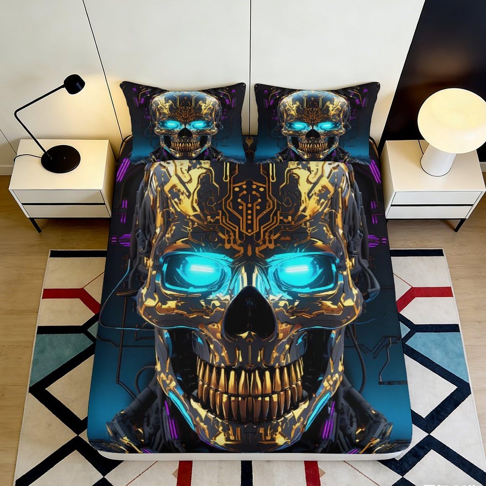 3D Printed Cyber Skull Fitted Sheet Microfiber Durable Soft Blue Glow Bed Cover for Bedroom Dormitory Guest Room Mattress Protection Decoration 140x200x25cm