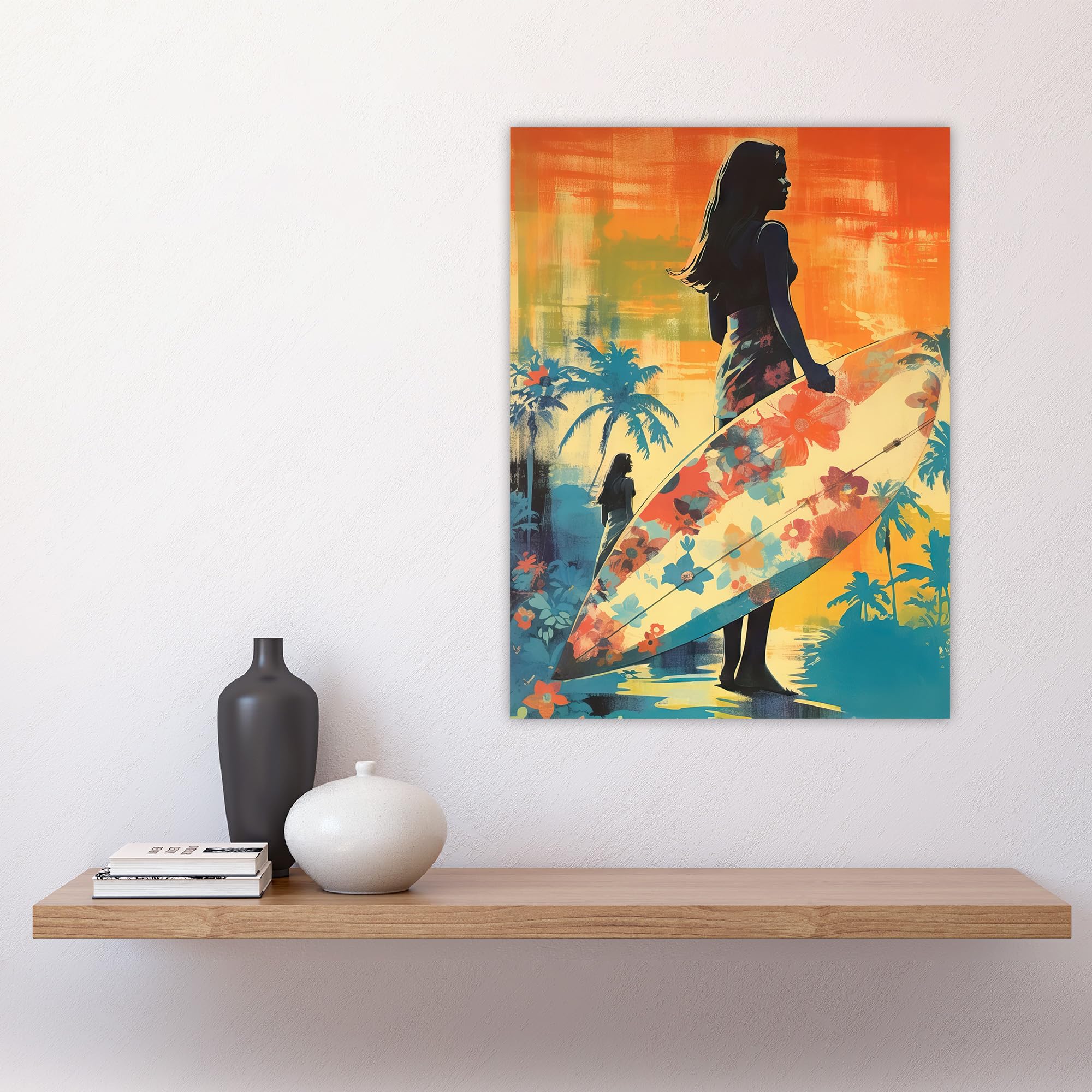Artery8 Hawaiian Surf Print Retro Palm Tree Floral In Blue And Orange Vibrant Bold Bright Colourful Painting Large Wall Art Poster Print Thick Paper 18X24 Inch - Image 4