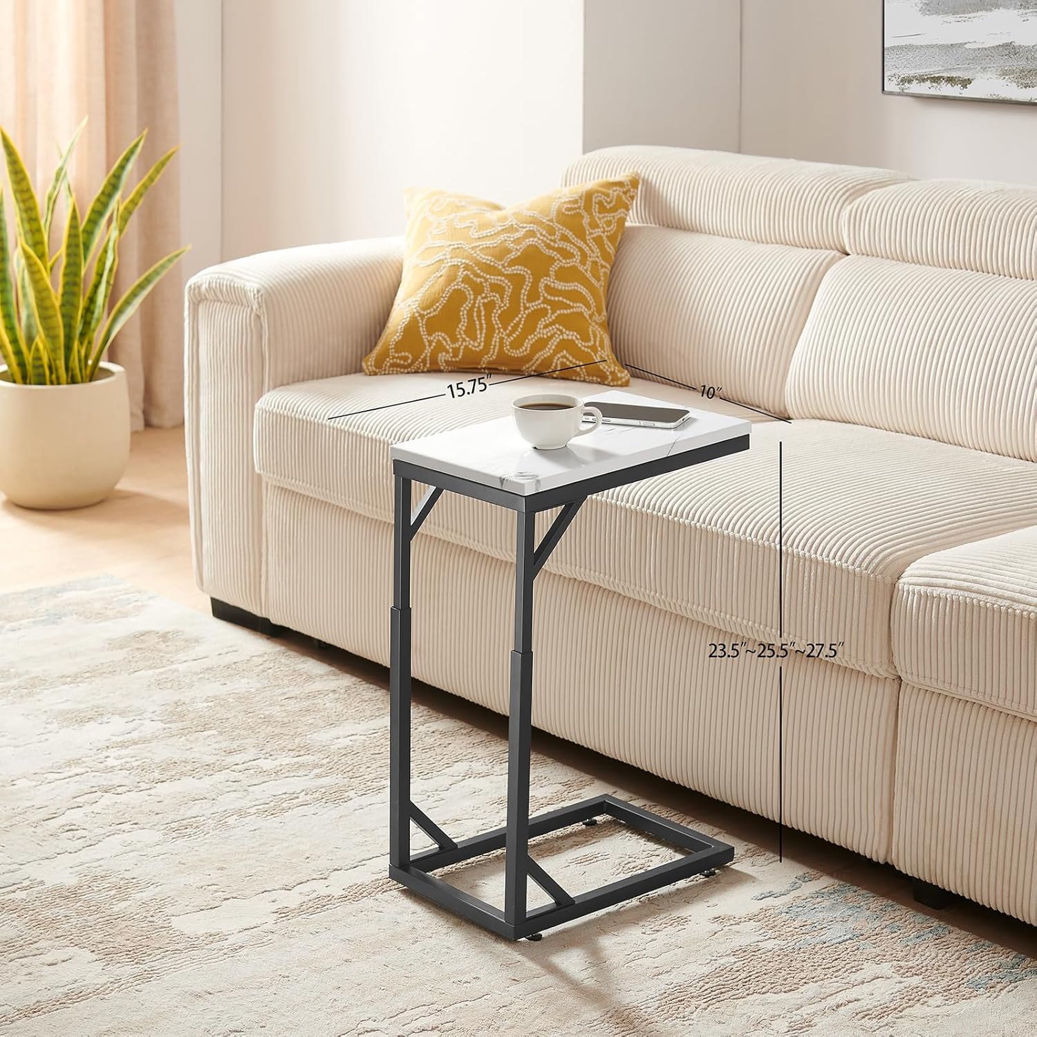 C-Shaped End Table, Small Sofa Table with Metal Frame, Adjustable Height Side Table for Couch, Living Room, Bedroom, Bedside (Black, Small) Black Small