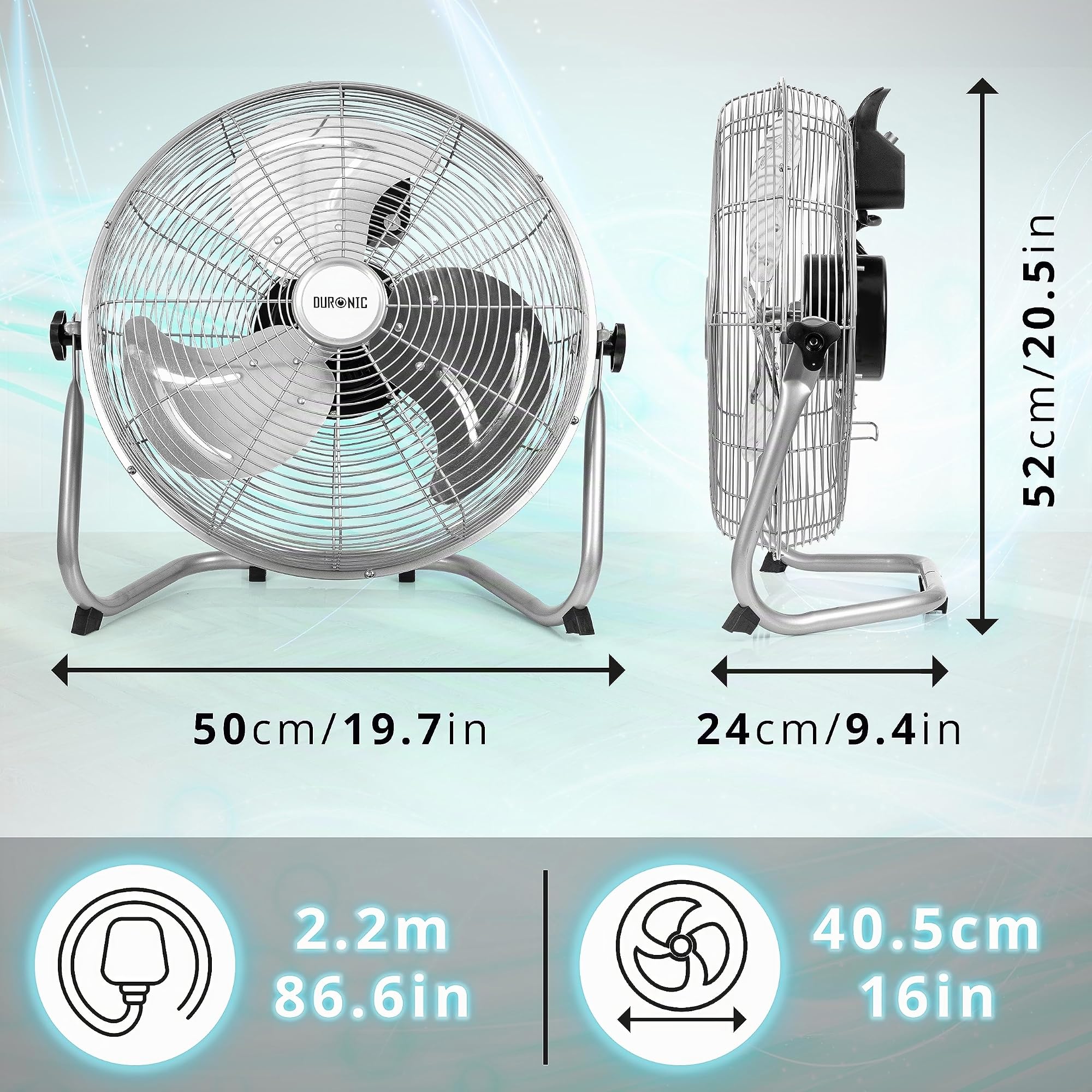 Duronic FN16 Ventilateur de sol, 40 cm, 75 W, sur pied, pour sol ou scène, avec 4 niveaux, design silencieux