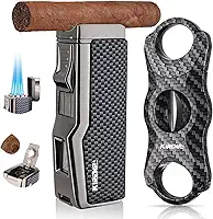 Isqueiro a jato à prova de vento multifuncional com cortador de charutos, perfurador, suporte, conjunto de tocha recarregável, isqueiros legais para fumar, presente de aniversário