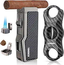 Isqueiro a jato à prova de vento multifuncional com cortador de charutos, perfurador, suporte, conjunto de tocha recarregável, isqueiros legais para fumar, presente de aniversário