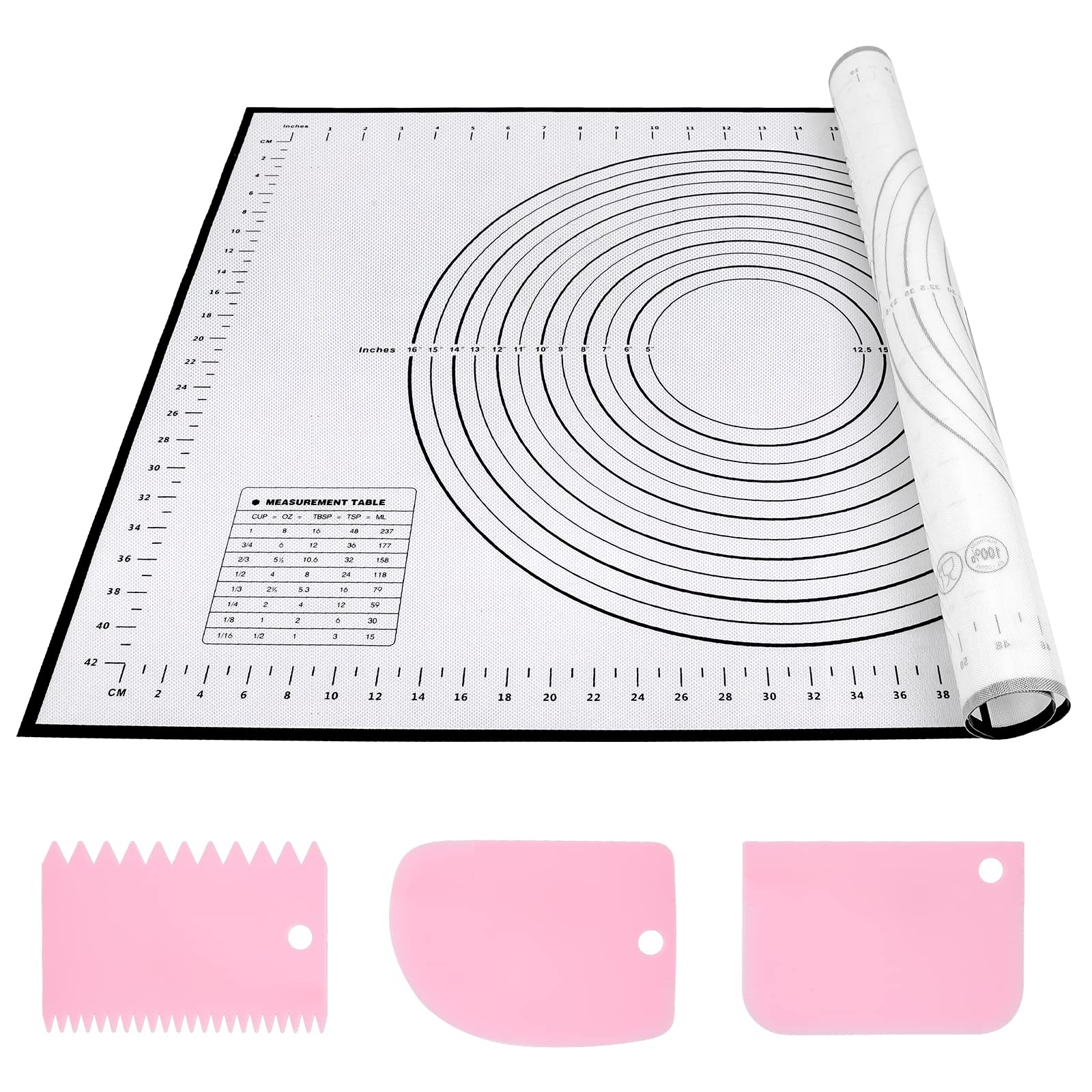 Silikon Backmatte Backunterlage Groß 70 x 50 cm Antihaft Teigmatte Ausrollmatte mit Messung Wiederverwendbar Backen Zubehör mit 3 Stück Teigschaber für Teig, Fondant, Macarons, Kekse, Pizza