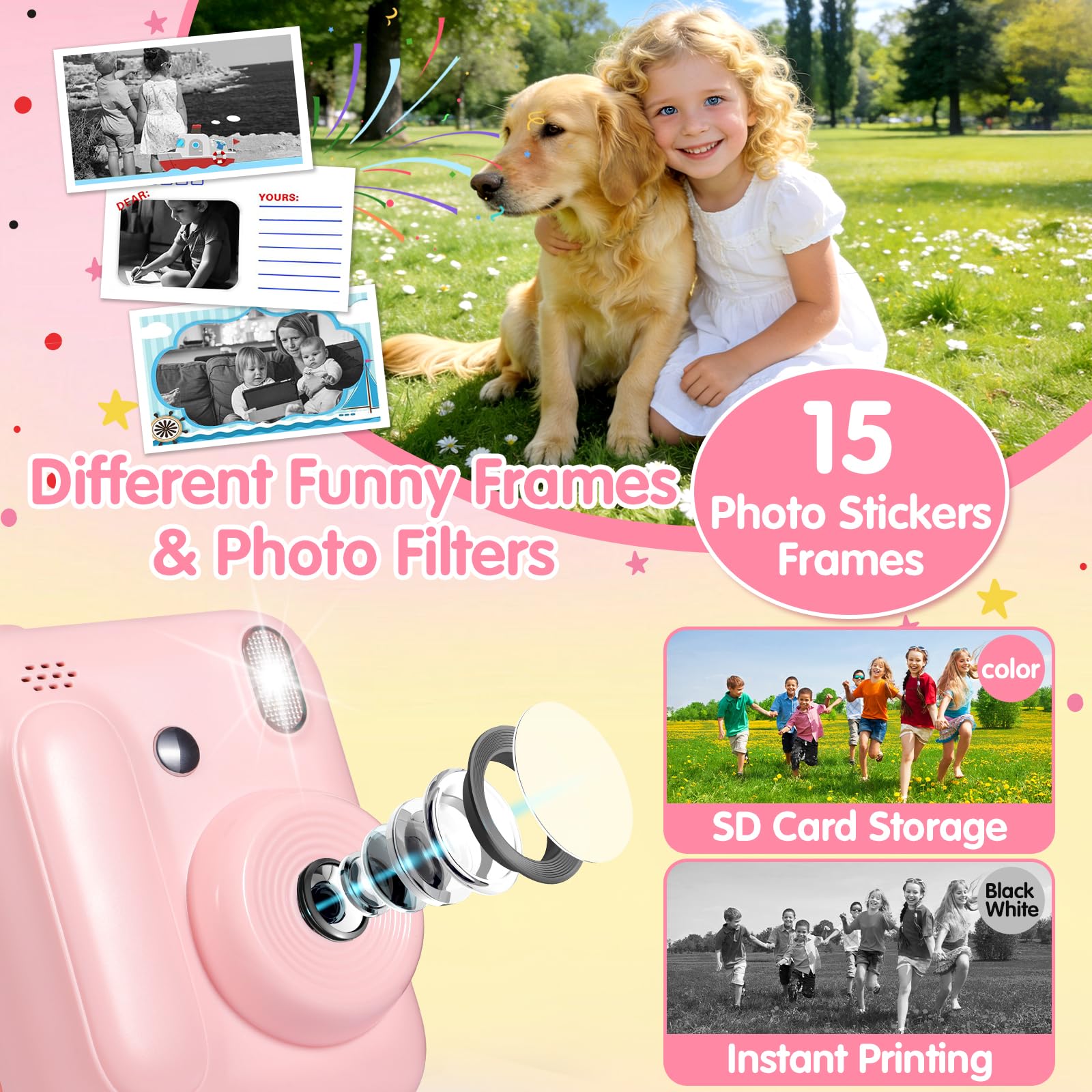 Macchina Fotografica Bambini Istantanea,2,4" Fotocamera Istantanea,1080P HD Fotocamera Digitale con 32 GB Scheda,6 Rotoli di Carta da Stampa e Penne Colorate,Regalo per Ragazze Ragazzi da 3-12