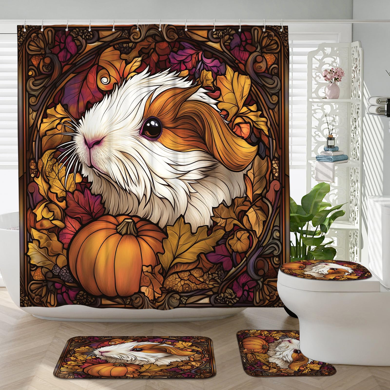 4PCS Stained Glass Fall Guinea Pig Bathroom Accessory Sets with Non-Slip Rug, U Shape and Toilet Lid Cover Mat, Autumn Pumpkin Maple Leaf Bathroom Decorative-72''x72''