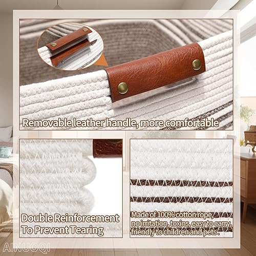 Miniatura 7 de AINUOQI Cesta de lavandería  Cesta alta de cuerda tejida para ropa sucia  Cesta de ropa con asas de cuero, 17.8 x 13.8 x 22 pulgadas, cesta de