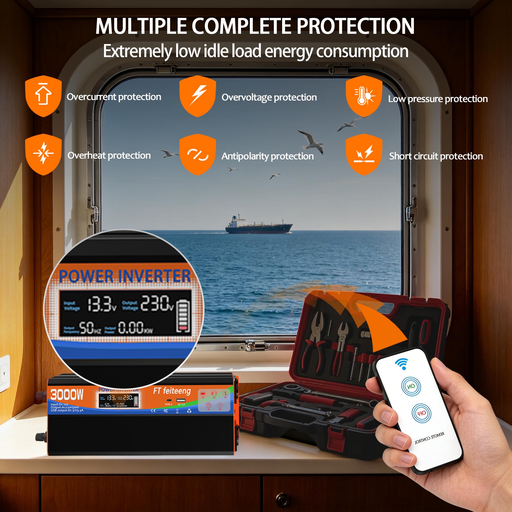 3000W Wechselrichter 12V auf 230V Spannungswandler mit 2 Europäische Steckdose und USB-C-Anschluss und QC 3.0-Hafen LCD Spannungsanzeige，Für Wohnmobil Haushaltsgeräten