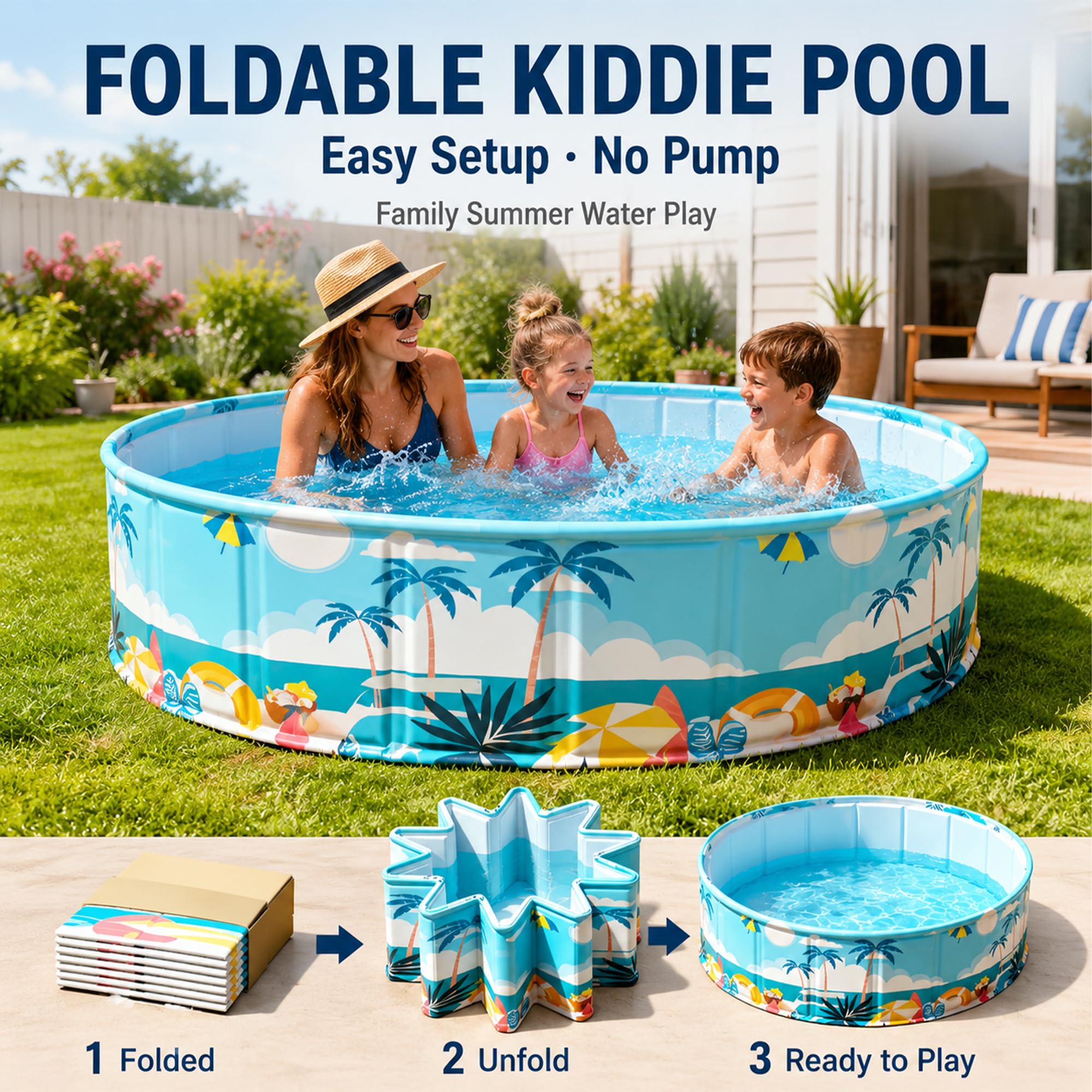 Rund aufklappbarer Faltpool Nicht aufblasbar, Hartplastik Familienpool | Rutschfestes Schwimmbecken mit Schnellablass, platzsparend faltbar für Garten Terrasse Balkon Kinder Erwachsene(120cm/47.2in)