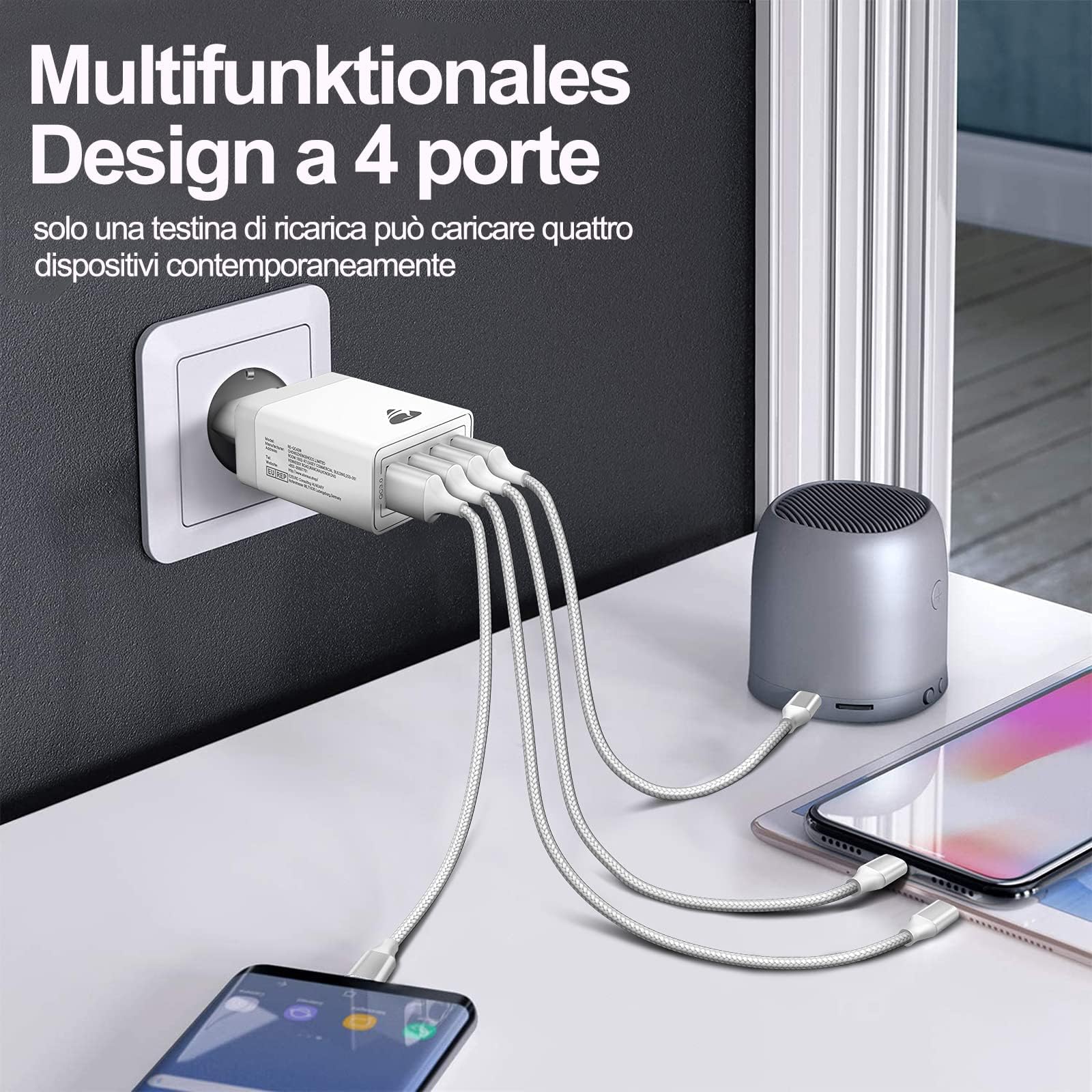 Caricatore USB, 4 Porte Caricatore USB da Muro 40W QC 3.0 Carica Rapida CaricabatterieUSB Multiplo Alimentatore PresaUSB per iPhone 15 14 13 12 11 X, Samsung Galaxy S21 S20 A71 A51, Xiaomi, Huawei