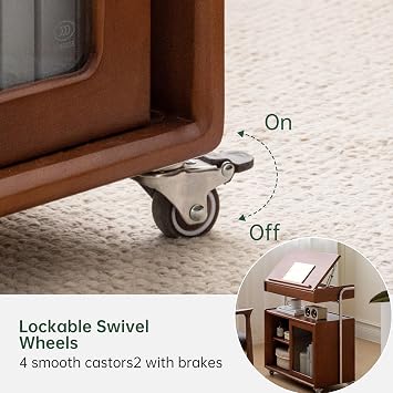 Solid Wood Side Table with Wheels, Mobile End Table with Flip Top and Adjustable Angles, Sofa Table with Multi Storage, Versatile Rolling Bedside Table for Living Room Bedroom (Poplar, Teak Finish)
