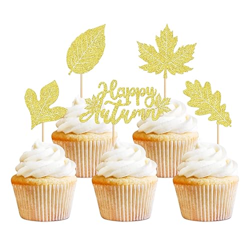 Ercadio Paquete de 24 adornos para cupcakes con purpurina de otoño con hojas de arce enamoradas, para cosecha de otoño, temática de Nochede Acción
