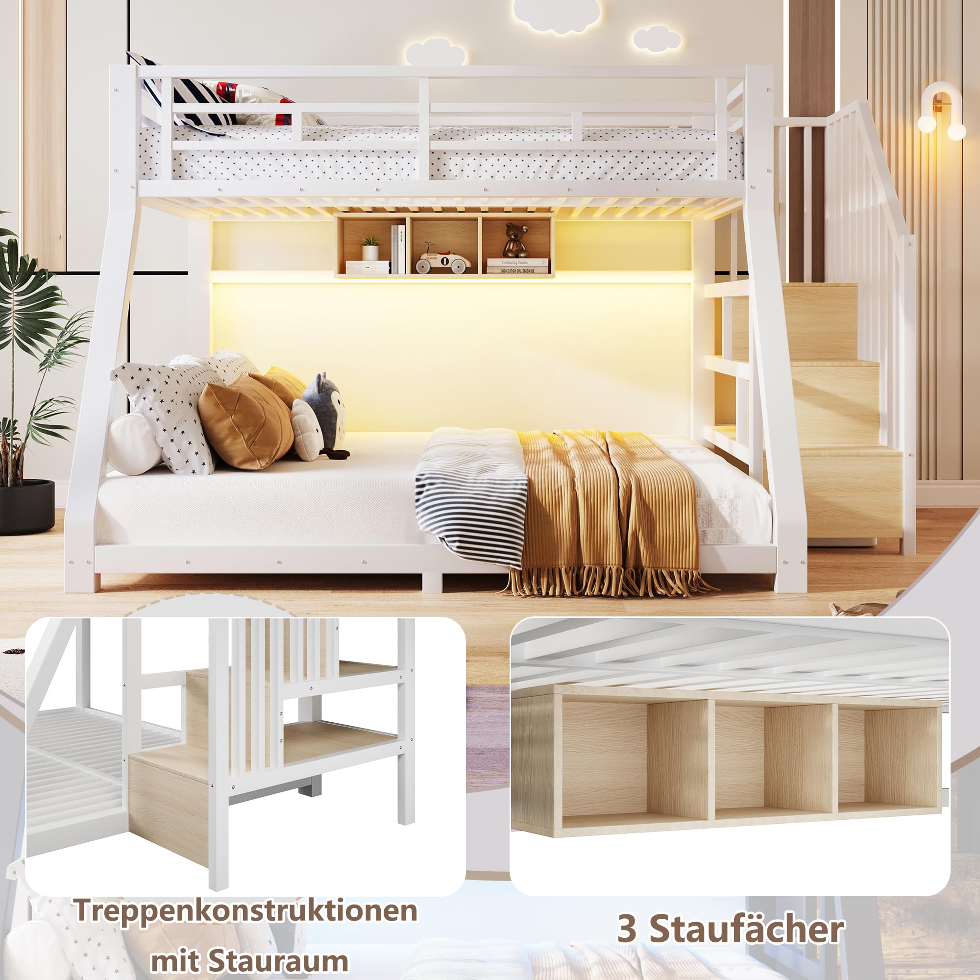 Lcoho Etagenbett, 90x200 cm 140x200 cm,DREI Staufächer,Treppenkonstruktionen mit Stauraum, Geländer, Stufe, en747 Zertifiziert, ohne Matratze, Metall, Weiß
