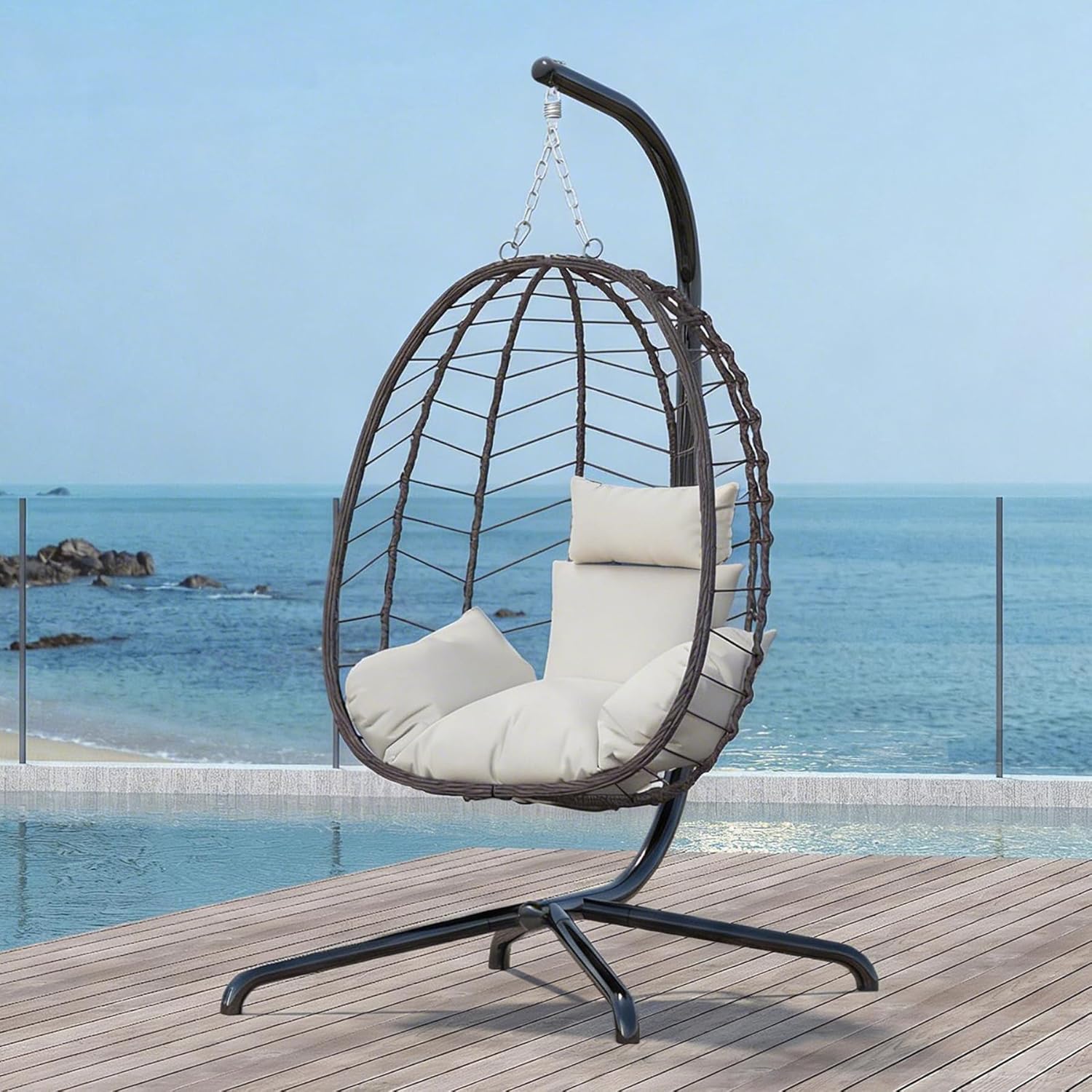 LEX CRAFT Hanging Egg Chair with Stand, Swinging Egg Chair Outdoor Indoor, Hanging Basket Chair with Cushion, Patio Wicker Hammock Chair 350lbs Capacity for Porch, Balcony, Backyard, Garden (Beige)
