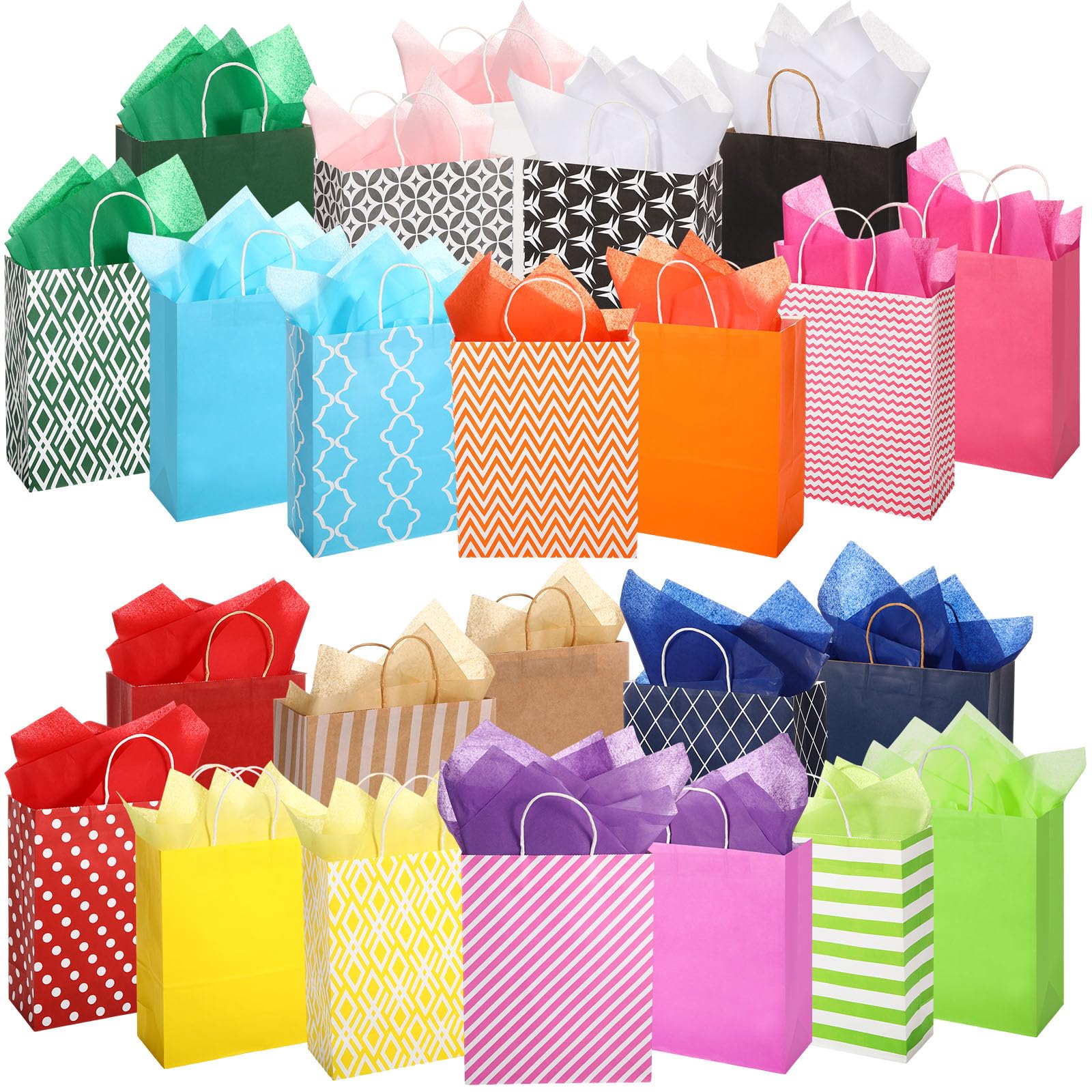 Kolldenn 24 Pcs Birthday Gift Paper Bags with 48 Tissues Papers 12" Large Assorted Gift Bags Bulk with Handles for Valentine Birthday Shopping