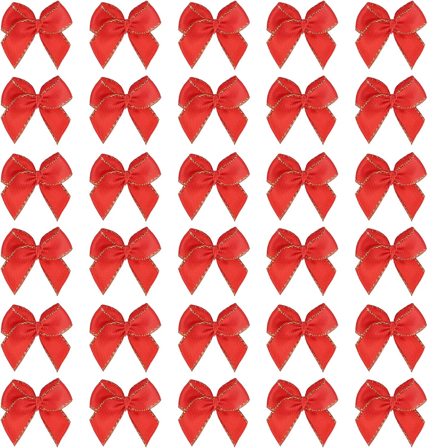 MECCANIXITY Mini Metallic Edge Ribbon Bow. 25x26mm Satin Gold Edge Ribbon Bow Appliques for Crafts DIY Hair Bows Sewing Wedding Party Christmas Decoration, (Pack of 100, Red)