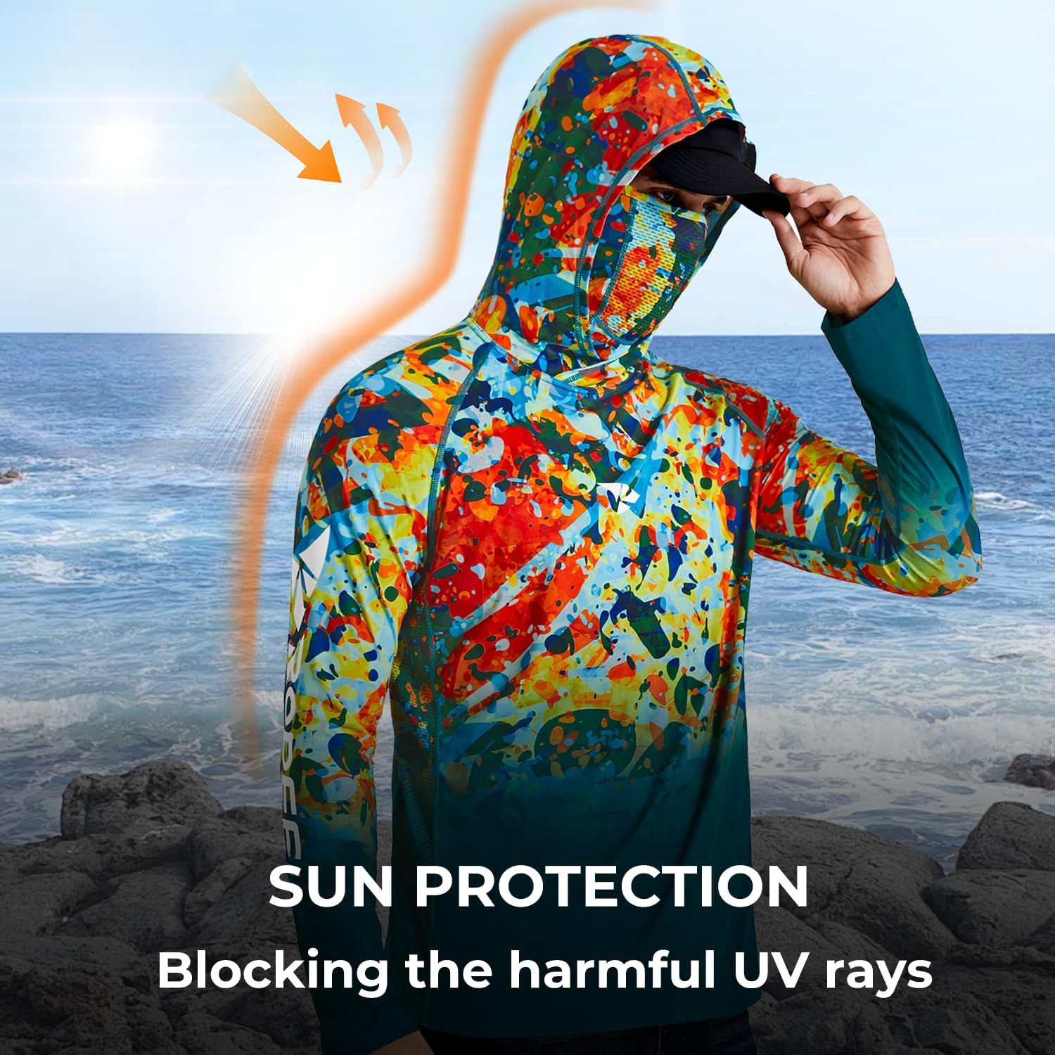 Rodeel UPF 50+ Men’s Long Sleeve Performance Fishing Hiking Shirt with Mask UV Neck Gaiter Hoodie