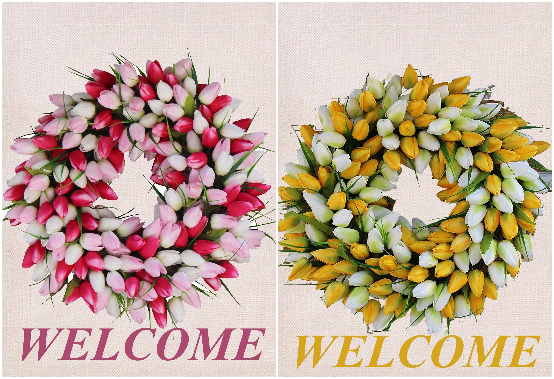 Welcome Garden Flag, Pink and White Tulip Front Door Wreath Flag, Yellow and White Tulip Wreath Flag, Burlap Yard Outdoor Decor whole year, for Patio Lawn Outdoor Home Decor forDoor and Wall Decor2pcs