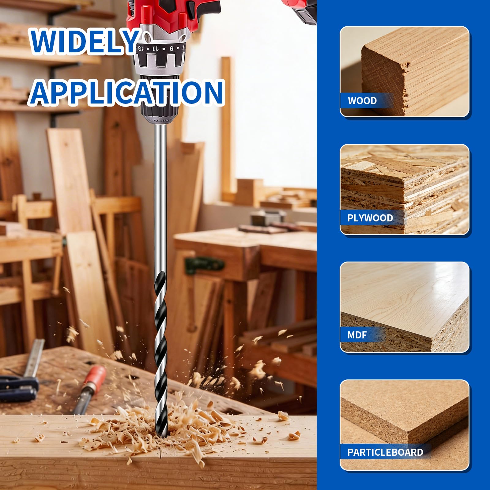 Set di 7 punte lunghe per trapano per legno, posizione centrale estesa, 300 mm, adatte per vari legni tra cui legno duro, compensato e plastica (metriche 4/5/6/7/8/10/12 mm)
