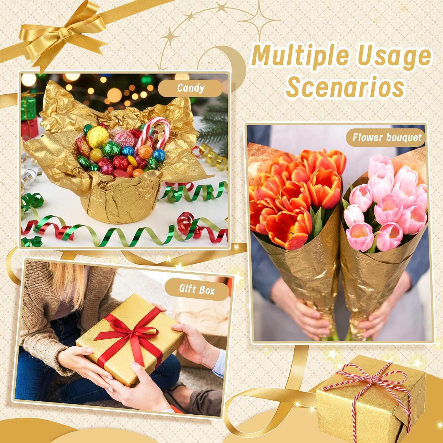 Vicosela 4 Rolls 5.5 Yard Floral Foil Plant Pot Covers, Matte Texture Plant Pot Foil, Golden Flower Pot Wrapping Paper for Valentine's Day Mother's Day Christmas Home Flower Pot DIY Decor