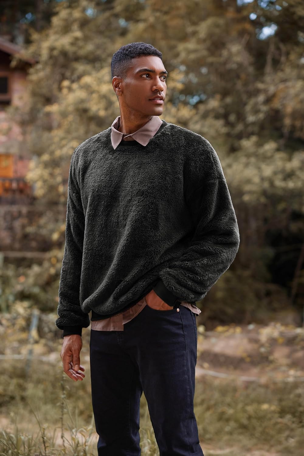 Pengfei Mens Fuzzy Sherpa Pullover Sweatshirts Long Sleeve Fleece Fluffy Crew Neck Fall Winter Warm Outwears Black - Image 2