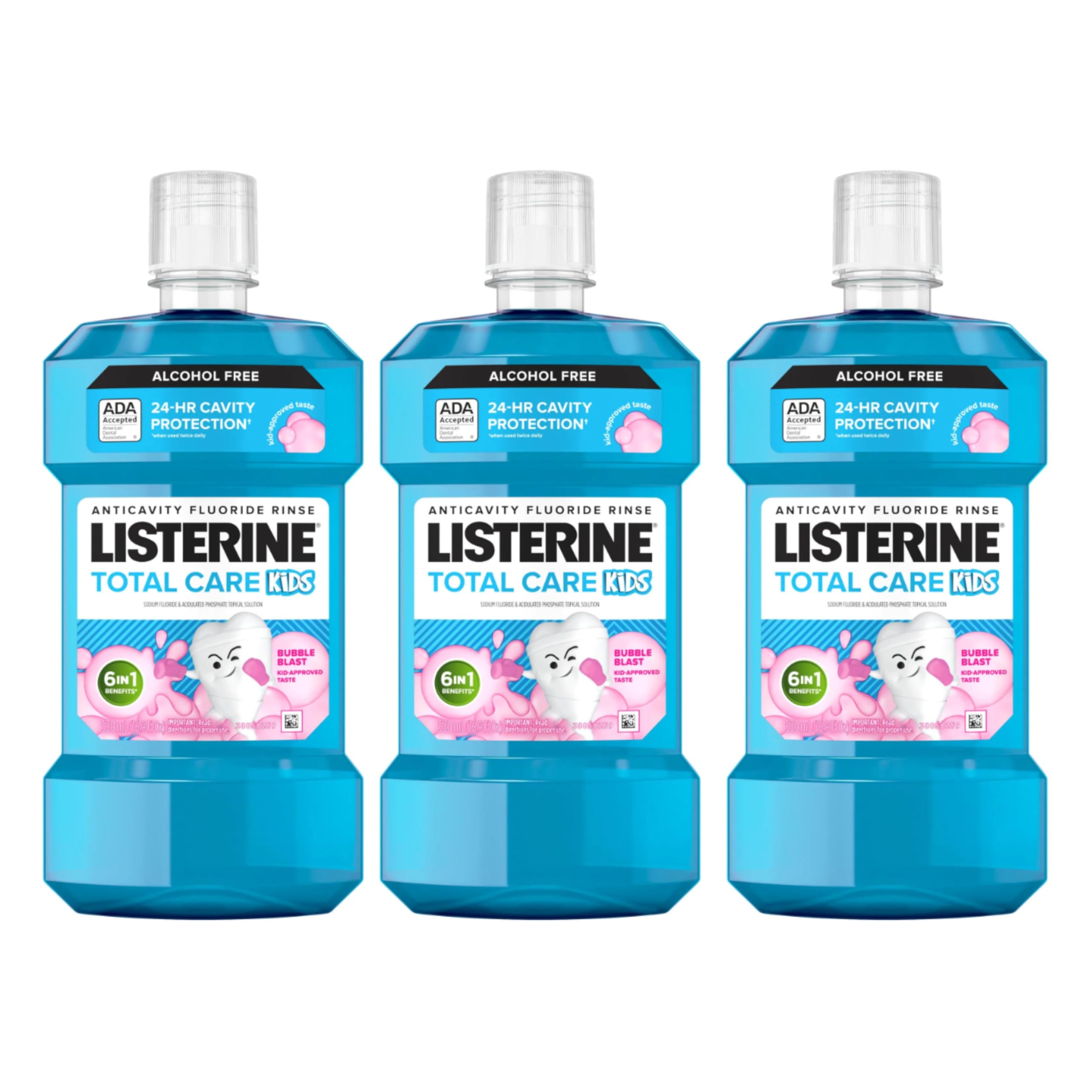 Listerine Total Care Kids Mouthwash, ADA Accepted, Alcohol Free Anticavity Sodium Fluoride Mouthwash, Oral Rinse for Cavity Protection, Bubblegum Flavor, 16.9 Fl. Oz, Pack of 3