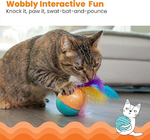 Miniatura 2 de Catstages Whack N' Wobble Ball - Juguete intearctive para gato, bola pesada con plumas, campana, tela con purpurina y aceite de hierba gatera,