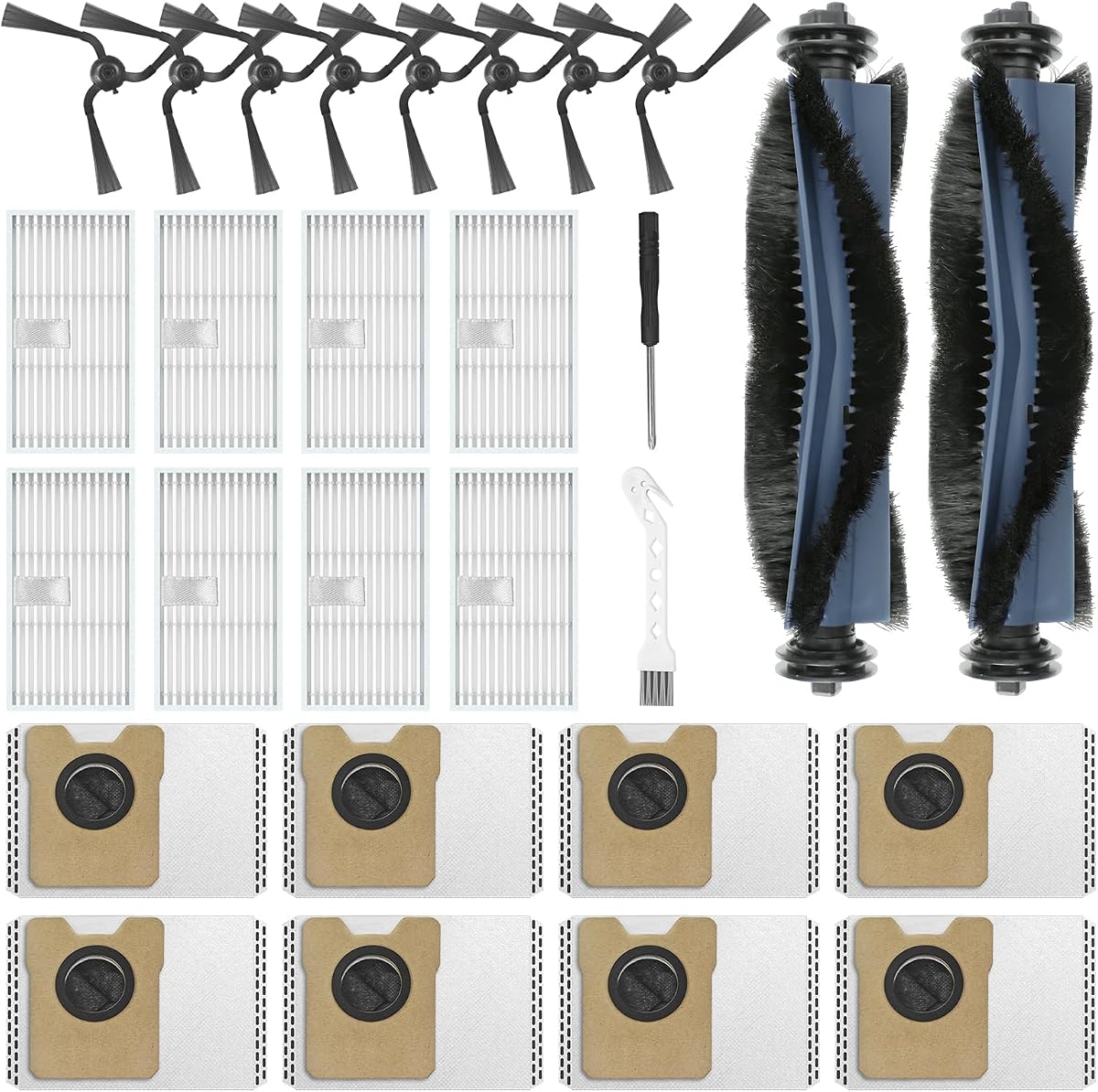 28 Pack Replacement Parts Compatible with Eufy C10 Robot Vacuum, Self Emptying RoboVac Accessories Kit 2 Rolling Brushes, 8 Dust Bags, 8 Side Brushes, 8 Filter Sets