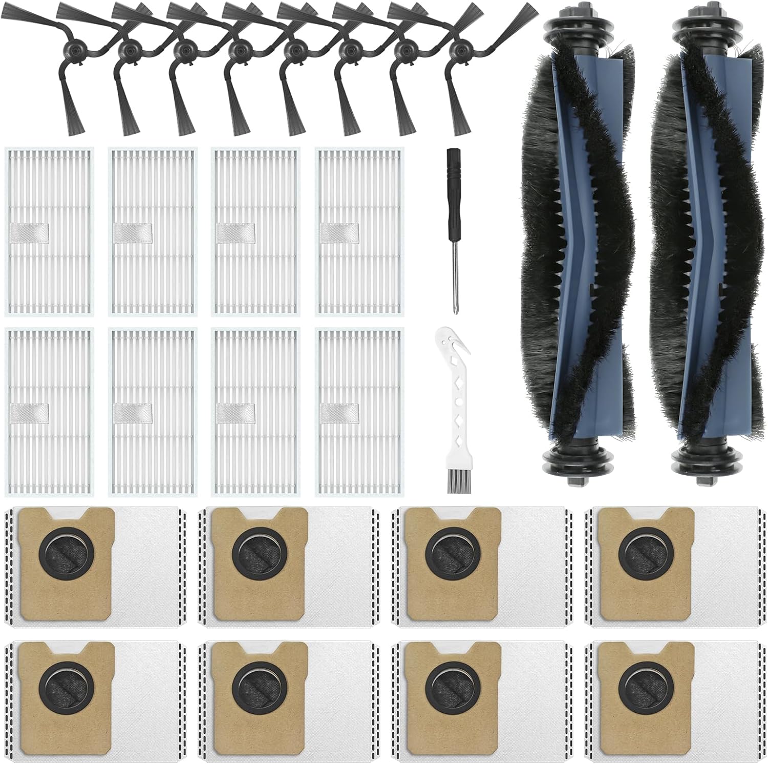 FFsign 28 Pack Replacement Parts Compatible with Eufy C10 Robot Vacuum, Self Emptying RoboVac Accessories Kit 2 Rolling Brushes, 8 Dust Bags, 8 Side Brushes, 8 Filter Sets