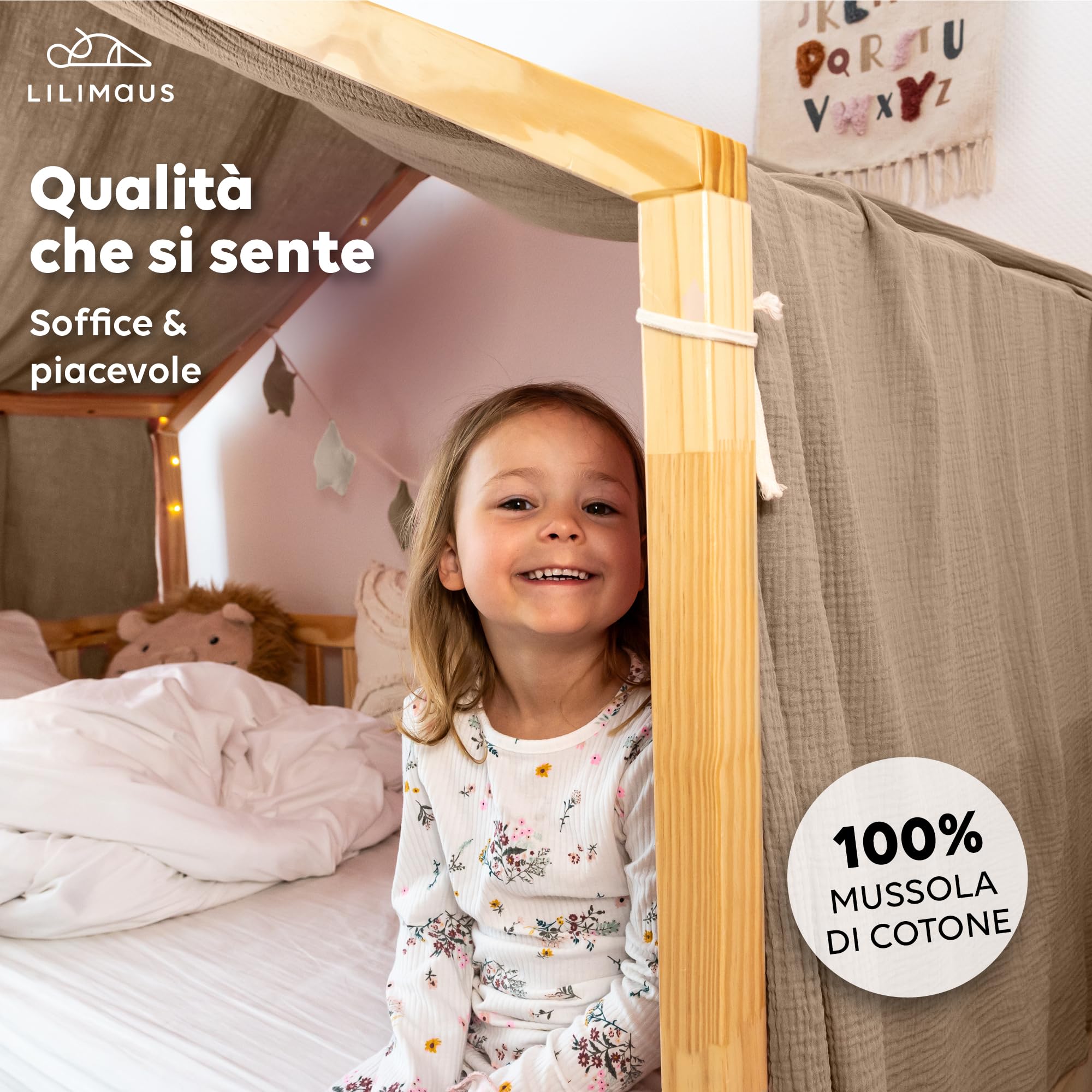 lilimaus Baldacchino Letto Casetta Bambini Mussola con Applicazione Oro