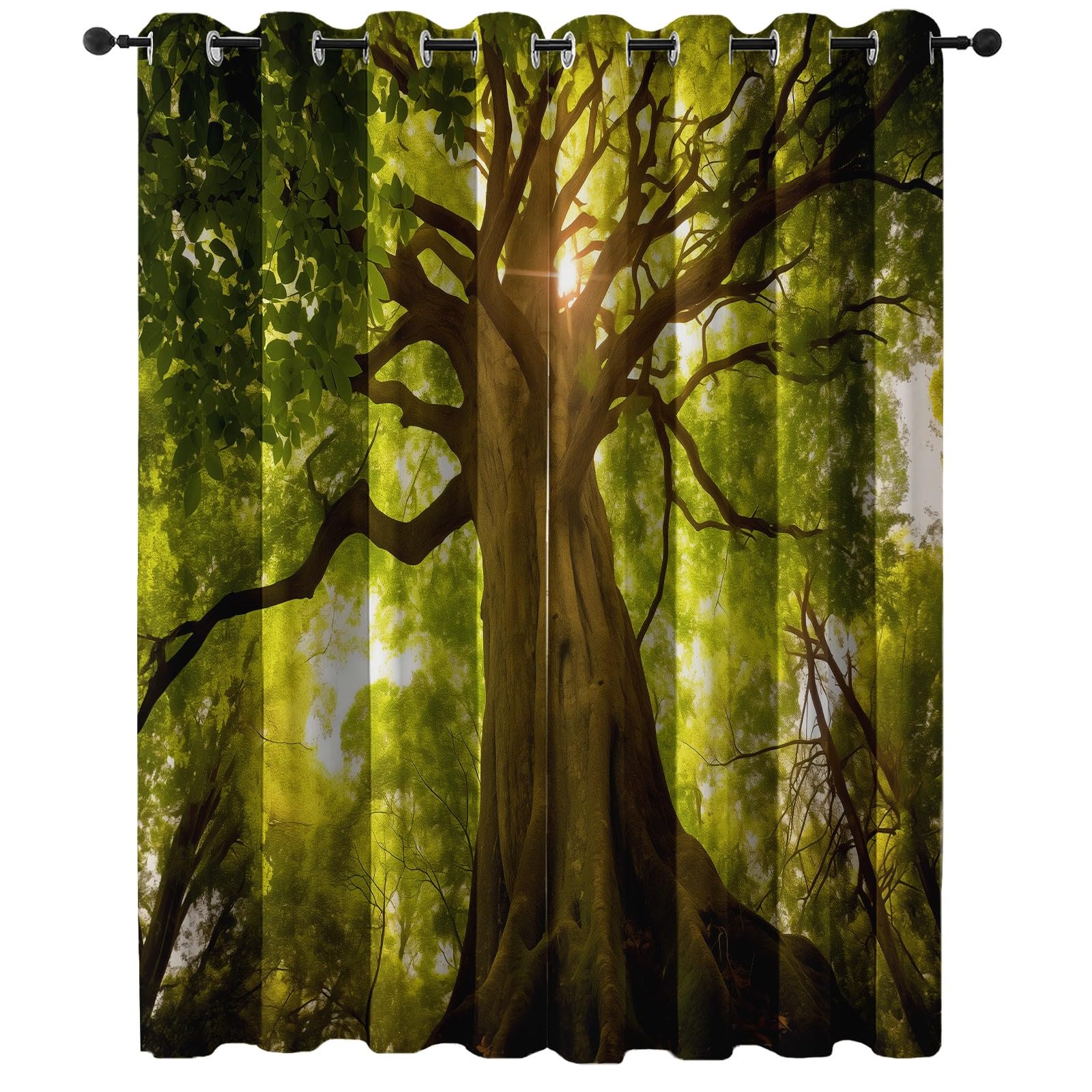 Zasłony zaciemniające do sypialni, 117 x 183 cm (2 panele), drzewa z natury las zielony motyw nieprzezroczyste zasłony z oczkami - do salonu, pokoju dziecięcego do wnętrz