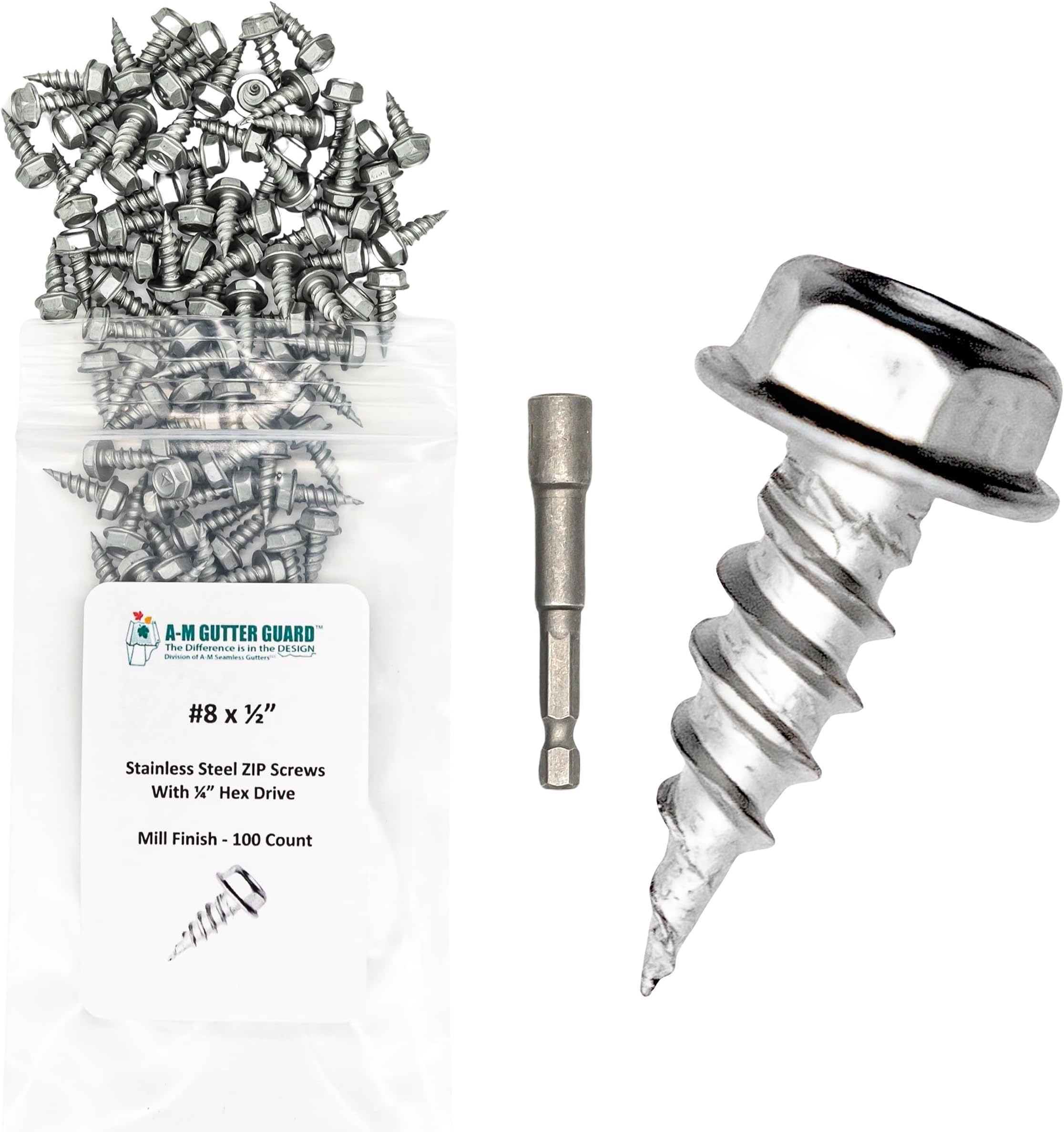 A-M Gutter Guard - 1/2" #8 Stainless Steel Zip Screws - Self-Piercing Easy Start Tip - Mill Finish - 1/4" Slotted Hex Washer Head - Pack of 100 - Includes 1/4" Magnetic Hex Driver – For Gutter Install