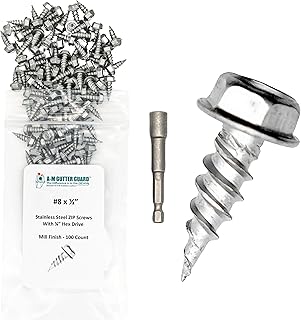 A-M Gutter Guard - 1/2" #8 Stainless Steel Zip Screws - Self-Piercing Easy Start Tip - Mill Finish - 1/4" Hex Washer Head - Pack of 100 - Includes 1/4" Magnetic Hex Driver – for Gutter Install