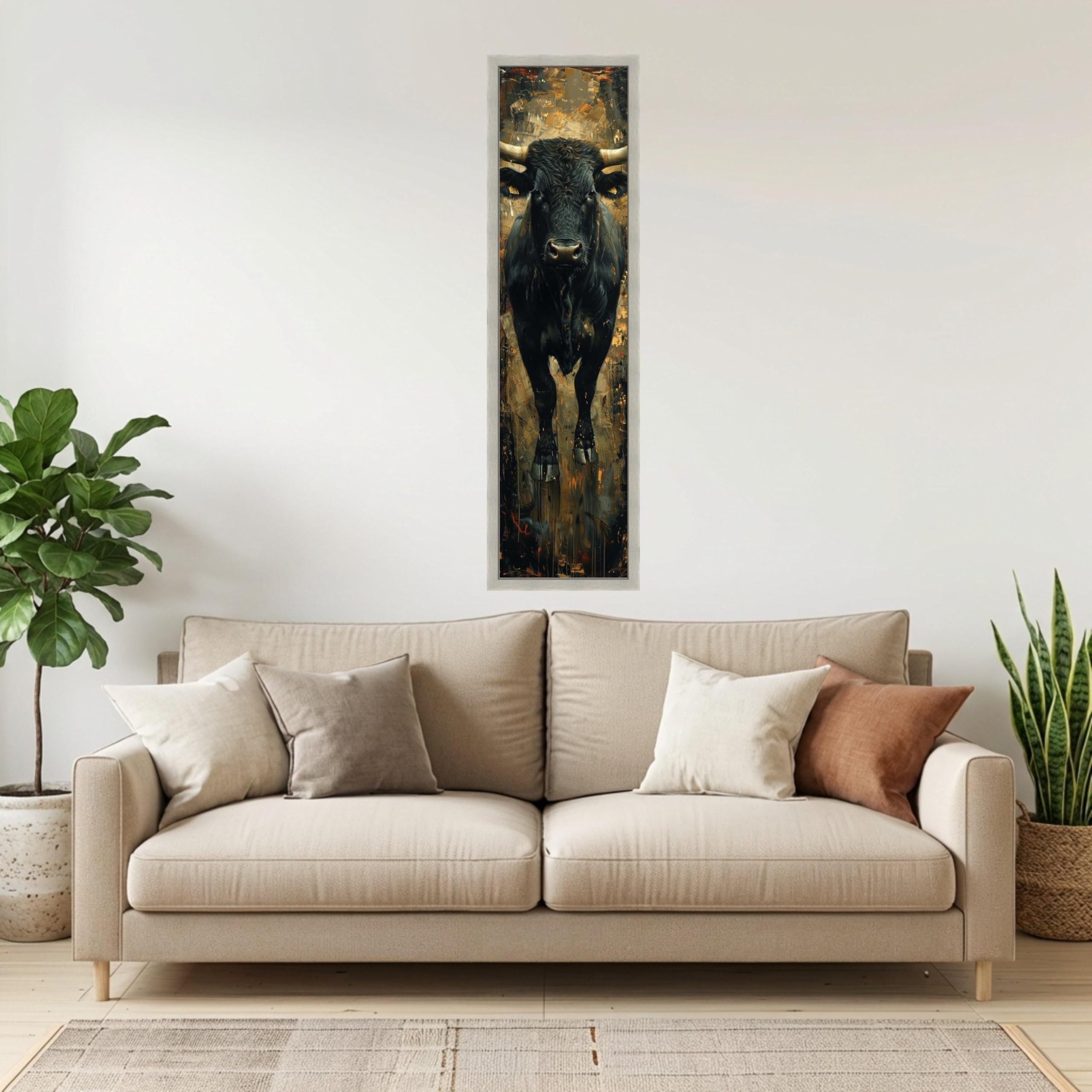 Abstract Black Bull Print Canvas Art, Rustic Farmhouse Posters, Animals portrait Painting for Living Room Home Wall Decor(50x150cm/Frameless)