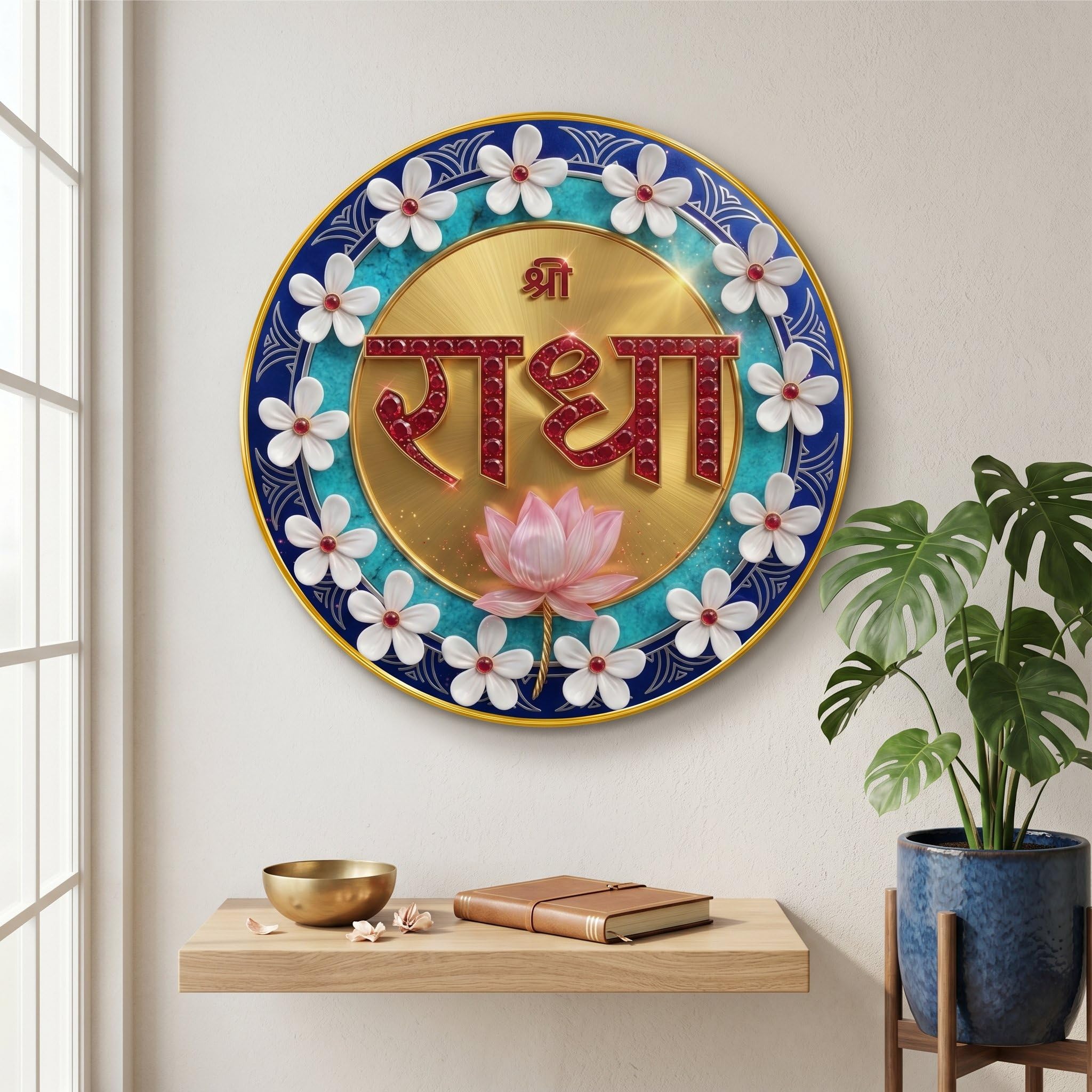 SAF Shri Radha Name Wall Painting Round PVC Golden Frame Spiritual Wall Decor Religious Art for Home Temple Living Room Bedroom Pooja Room Decorative Gift Item (16 x 16 Inch) GRM-374-image-40