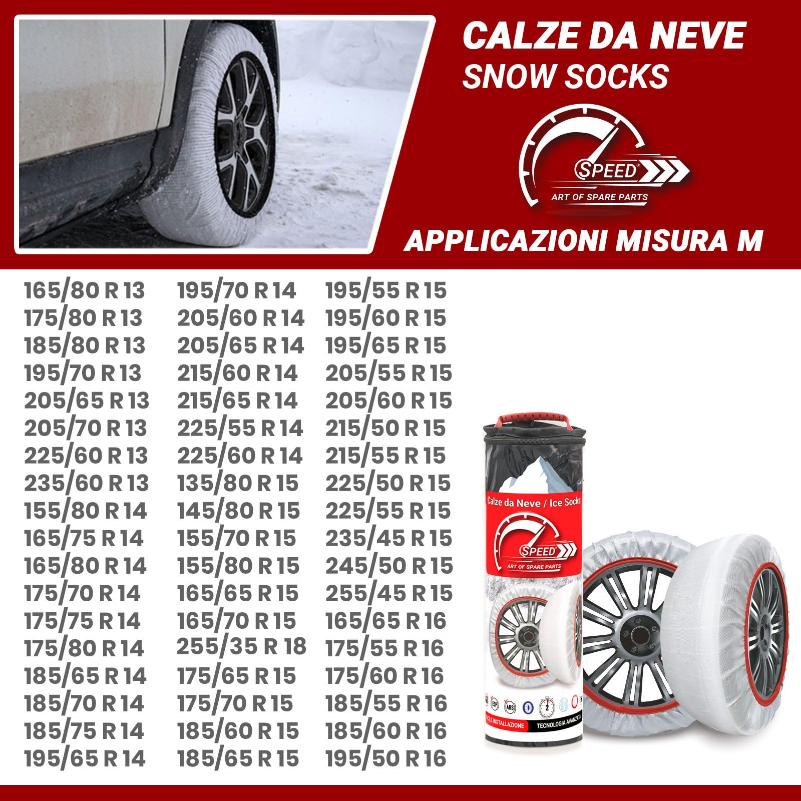 Speed Calze da Neve OMOLOGATE EN 16662-1 per Pneumatici GOMME 185/65 R 15