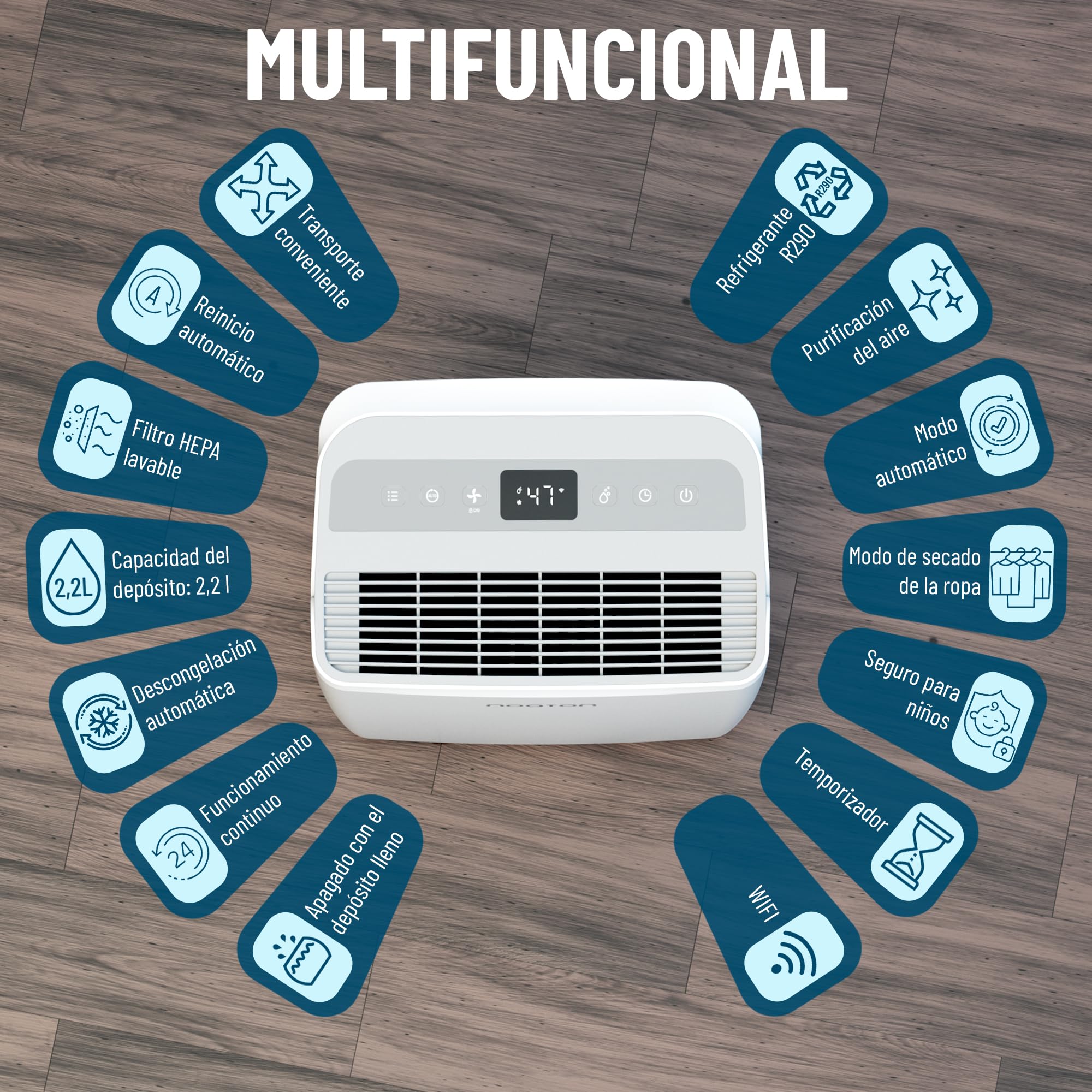 Noaton® DF 4220 WiFi HEPA Deshumidificador 20L/ Día, hasta 70 m2, Purificación del Aire, Control Wifi, Pantalla LED, Apagado Automático, Depósito extraíble 2,2 L, Drenaje continuo, Secadora de Ropa