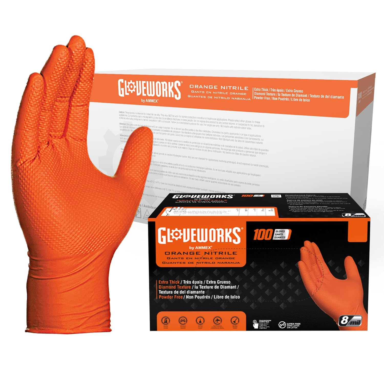 GLOVEWORKS Orange Nitrile Work Gloves, 8 Mil Disposable Heavy Duty, Raised Diamond Grip Mechanic Glove, XL, Case of 1000