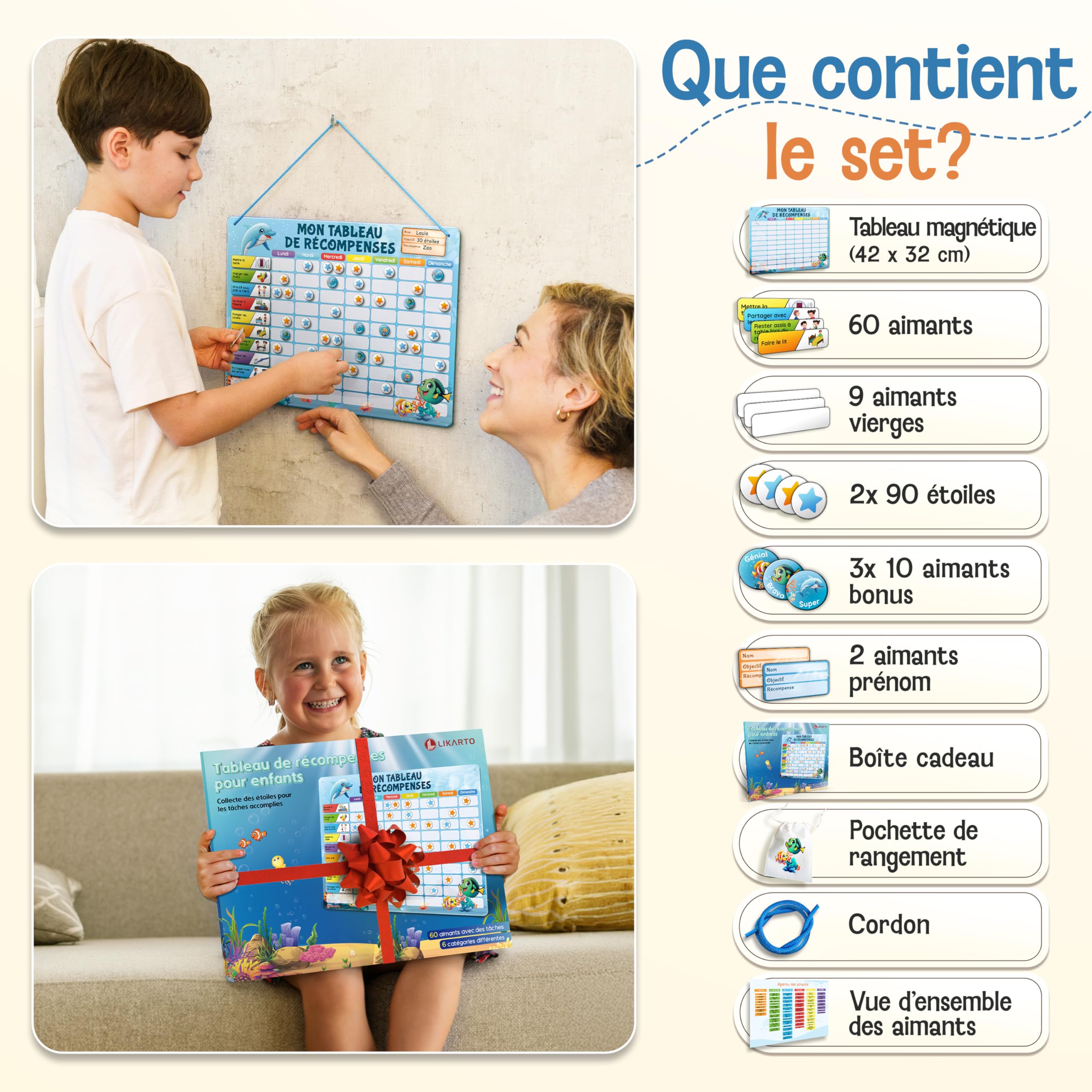 LIKARTO Tableau de Récompenses pour Enfants - Tableau magnétique avec de Nombreuses tâches et 280 aimants - Encourager Les Bons comportements - Calendrier Éducatif pour Enfant - Bleu