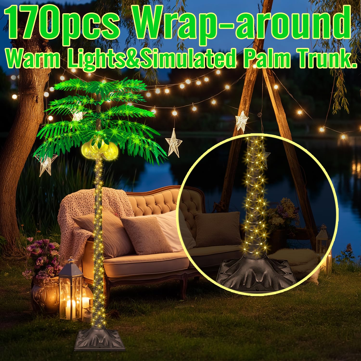 Palma a LED da 1,8 m con 421 luci, palma illuminata per patio esterno, fornita con 3 noci di cocco incandescenti, dimmerabile, 8 modalità lampeggianti e timer.