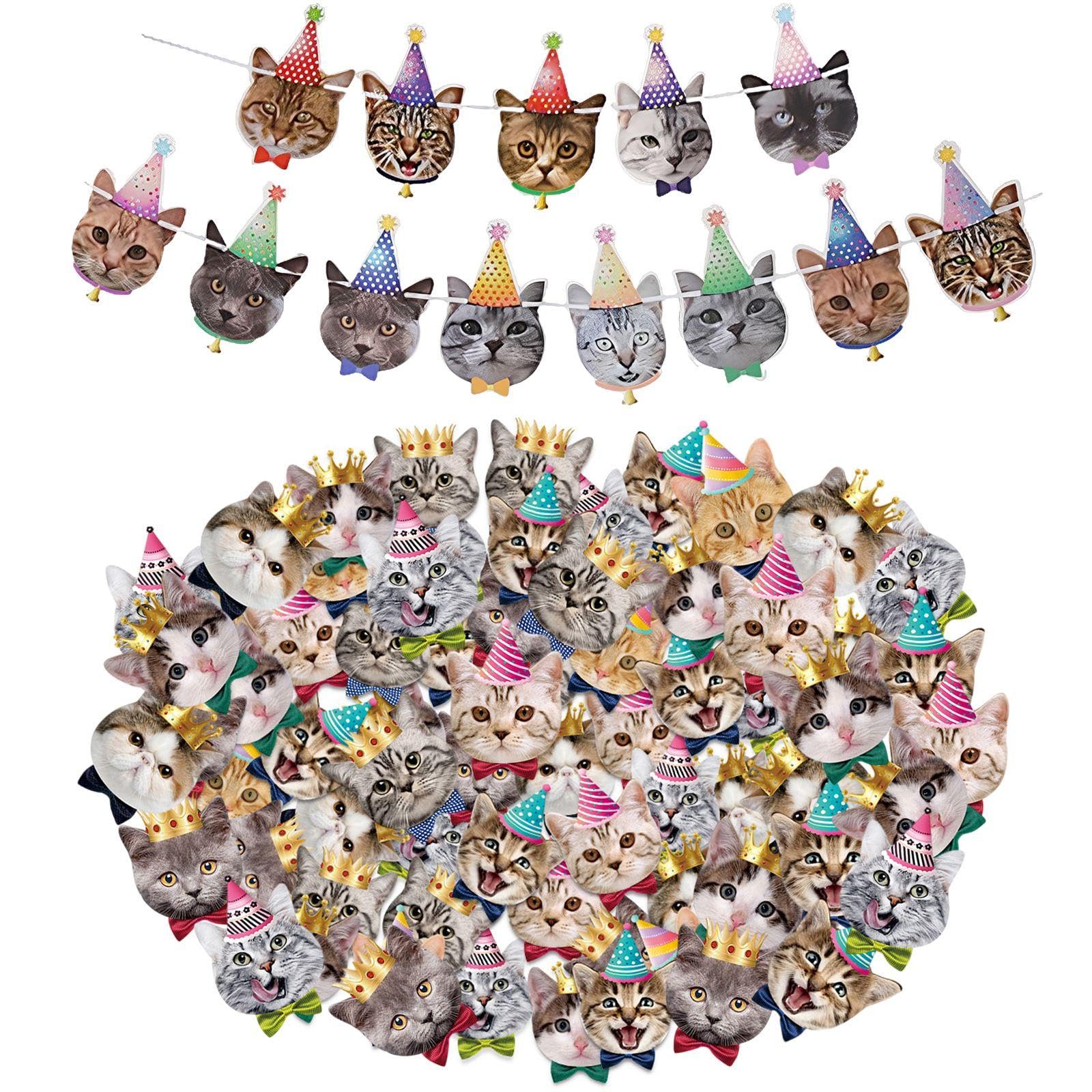 Rnfksu Multicolor 100 Pieces Of Cat Head Confetti And 1 Piece Of Cat Flag, Desktop Layout Scattered Accessories, Cute Party Decorations, Suitable For Pet Birthdays And Party Scenes.