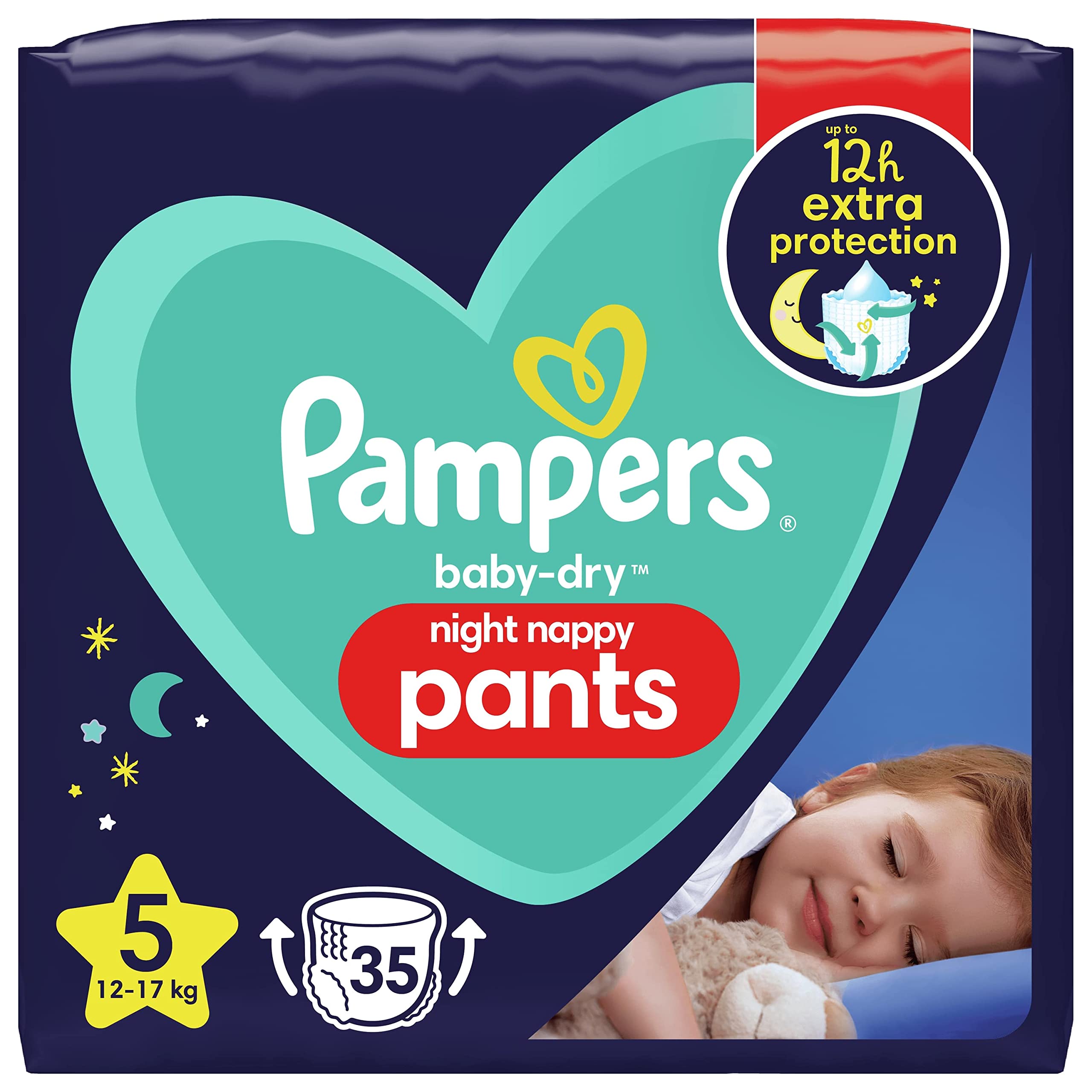 Pampers Baby-Dry Night Nappy Pants Size 5, 35 Night Nappies, 12kg-17kg, Essential Pack