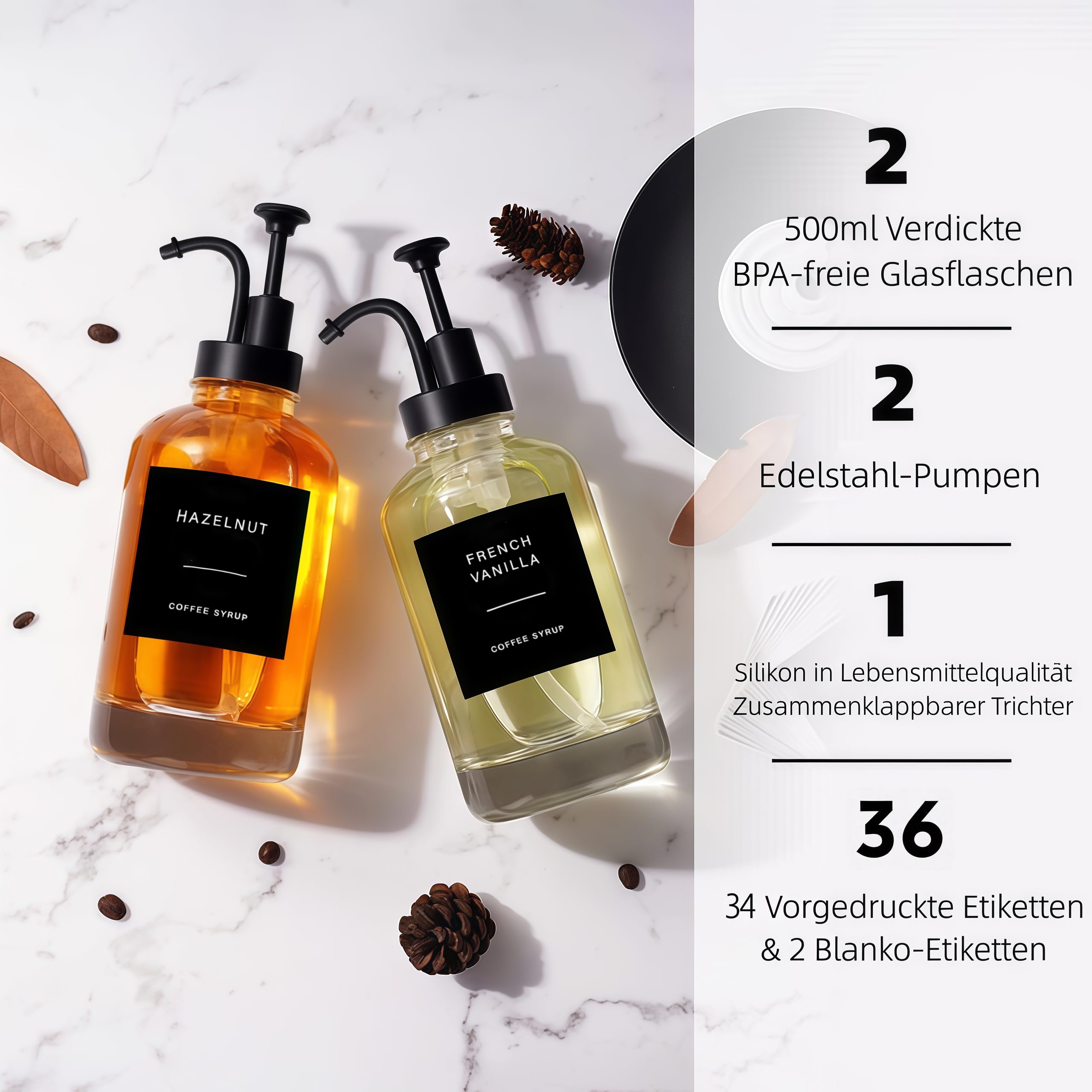 BIKALAN Lot de 2 distributeurs de sirop de café, distributeur de sirop de café, pompe à sirop, distributeur de sirop avec 36 autocollants, entonnoir, 500 ml